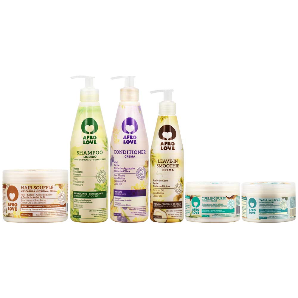 Afro Love All-in-One Hair Care Combo - Shampoo, Conditioner, Souffle, Leave-in, Puree & Crème for Natural Curly Hair | Perfect for Daily Moisturizing & Styling