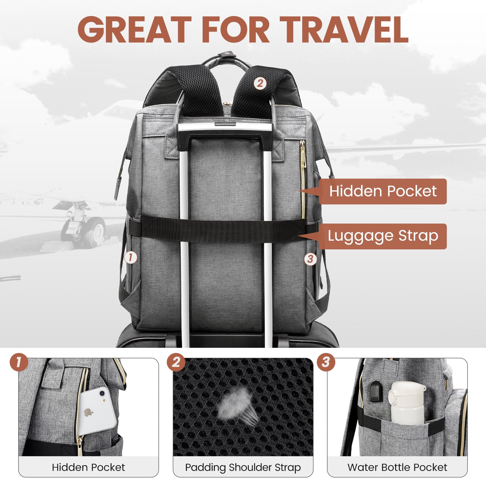LOVEVOOK Women's 15.6 Inch Waterproof Laptop Backpack with USB Port - Professional Travel, Nurse, Teacher, College Work Bag - Grey | Perfect for Commuting, Business Trips, and Campus Life