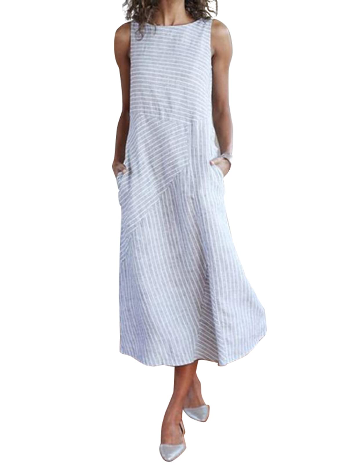 Celmia Women's Summer Sleeveless Striped Dress with Pockets - Casual Round Neck Long Dress for Beach, Vacation & Everyday Wear