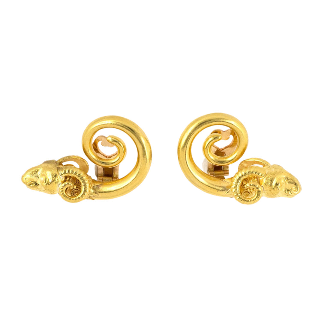 Lalaounis Carved Rams Head Earrings - Vintage Greek Jewelry, 18K Gold Hoop Earrings for Women, Perfect for Parties, Weddings & Special Occasions