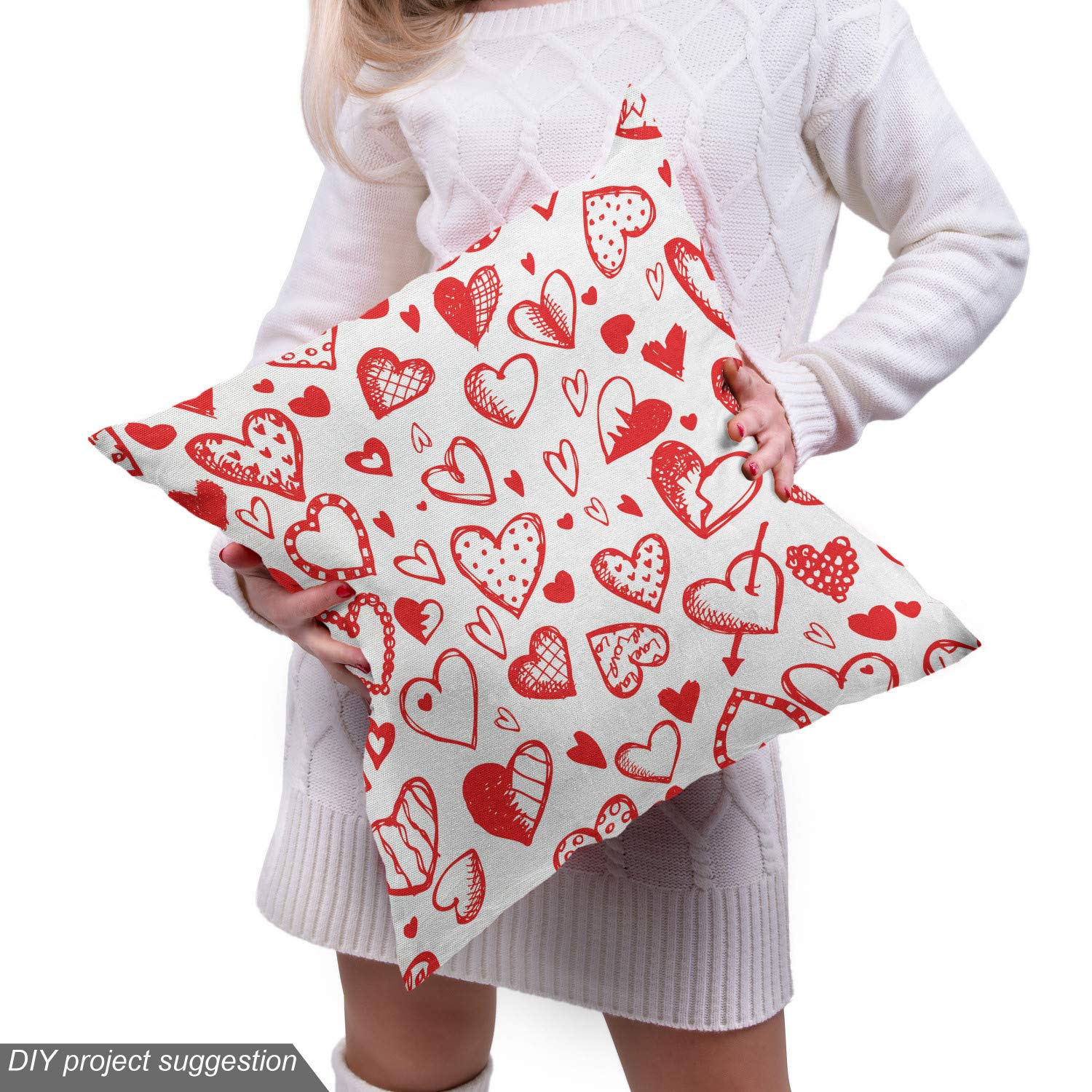 Ambesonne Valentine's Day Fabric by The Yard - Red & White Romantic Print with Hearts, Dots & Arrows | 10 Yards Scarlet & White Decorative Fabric for Upholstery, DIY Home Decor, Table Runners, Throw Pillows & Craft Projects