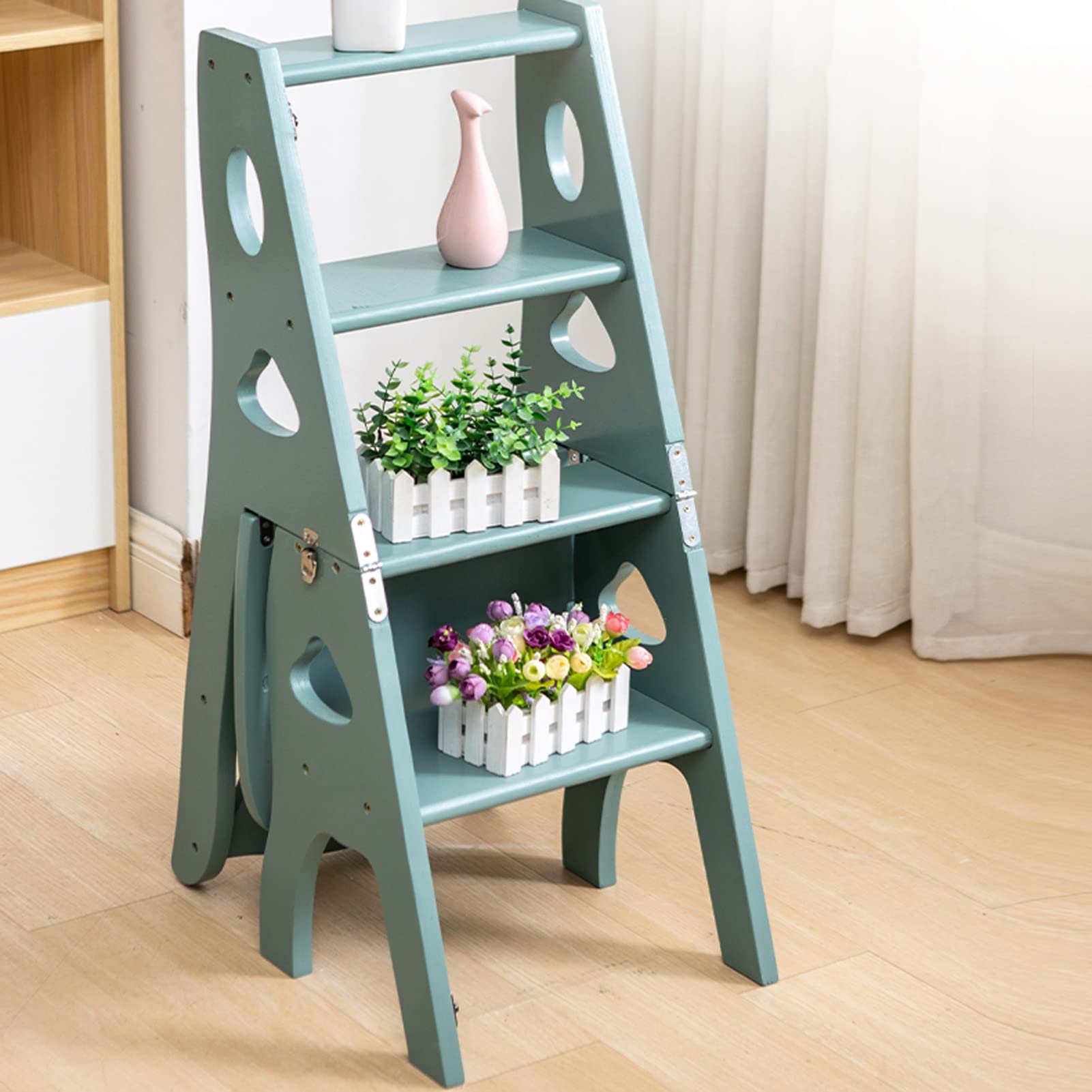 Foldable Wooden Ladder Chair - Portable, Sturdy, Non-Slip Multifunctional Step Stool for Home, Library, Plant Stand - Blue & White (Perfect for Reaching High Shelves, Home Decor & Gardening)