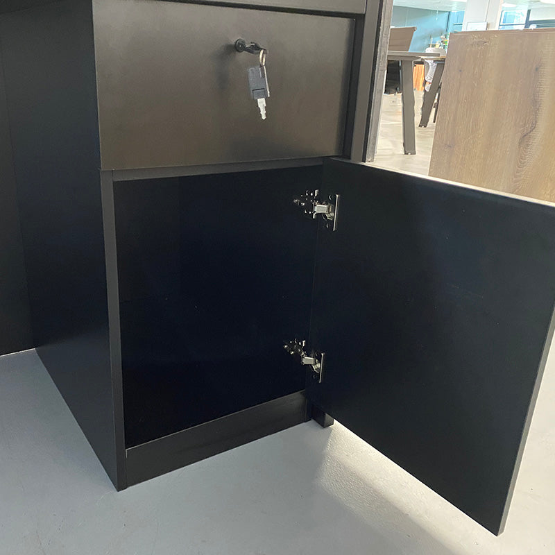KENTO 180cm Modern Reception Desk with Timber Slat Acoustic Panel in Black & Oak - Perfect for Office Lobby, Hotel Front Desk, and Corporate Waiting Areas