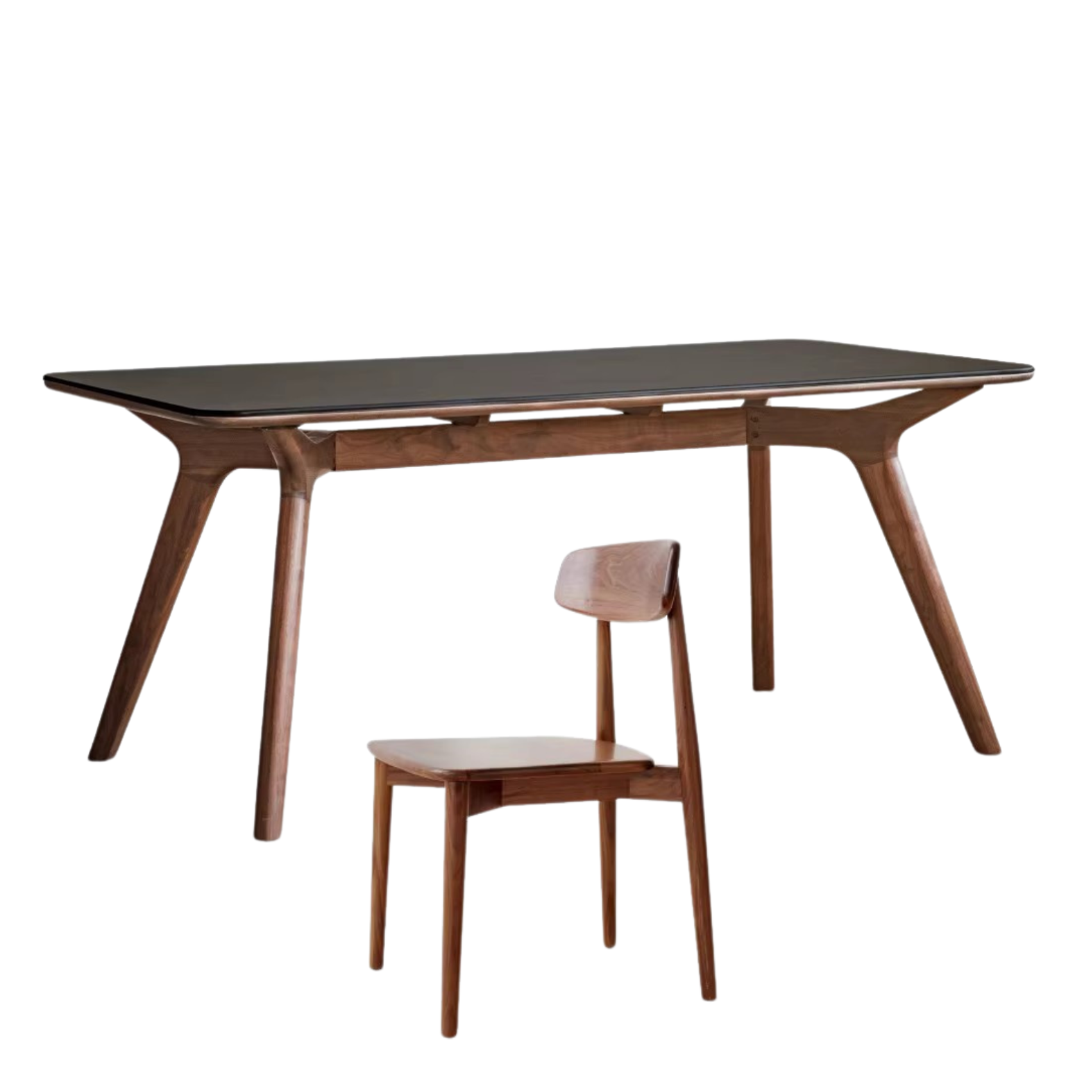 70.8x33.4x29.9 inch / 180x85x76 cm / Rich Dark Walnut color / Rock board dining table + four chairs
