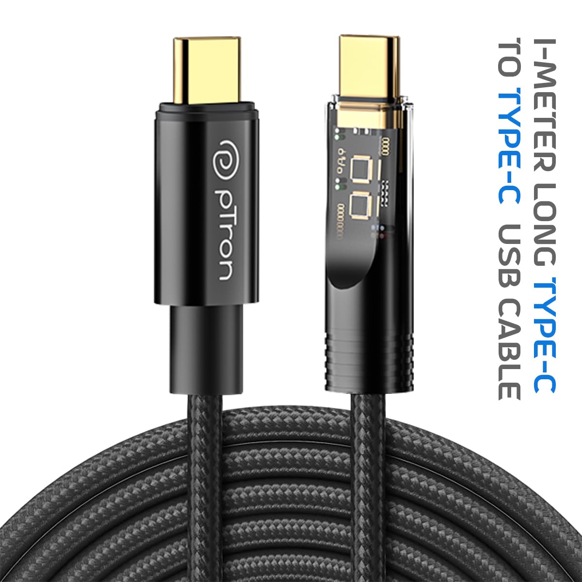 pTron Solero 80W Fast Charging USB Type-C Cable (1M, Black) - High-Speed 480Mbps Data Sync, Durable Nylon Braid - Compatible with Samsung, OnePlus, Oppo, Vivo, Xiaomi & More - Perfect for Travel, Office & Home Charging