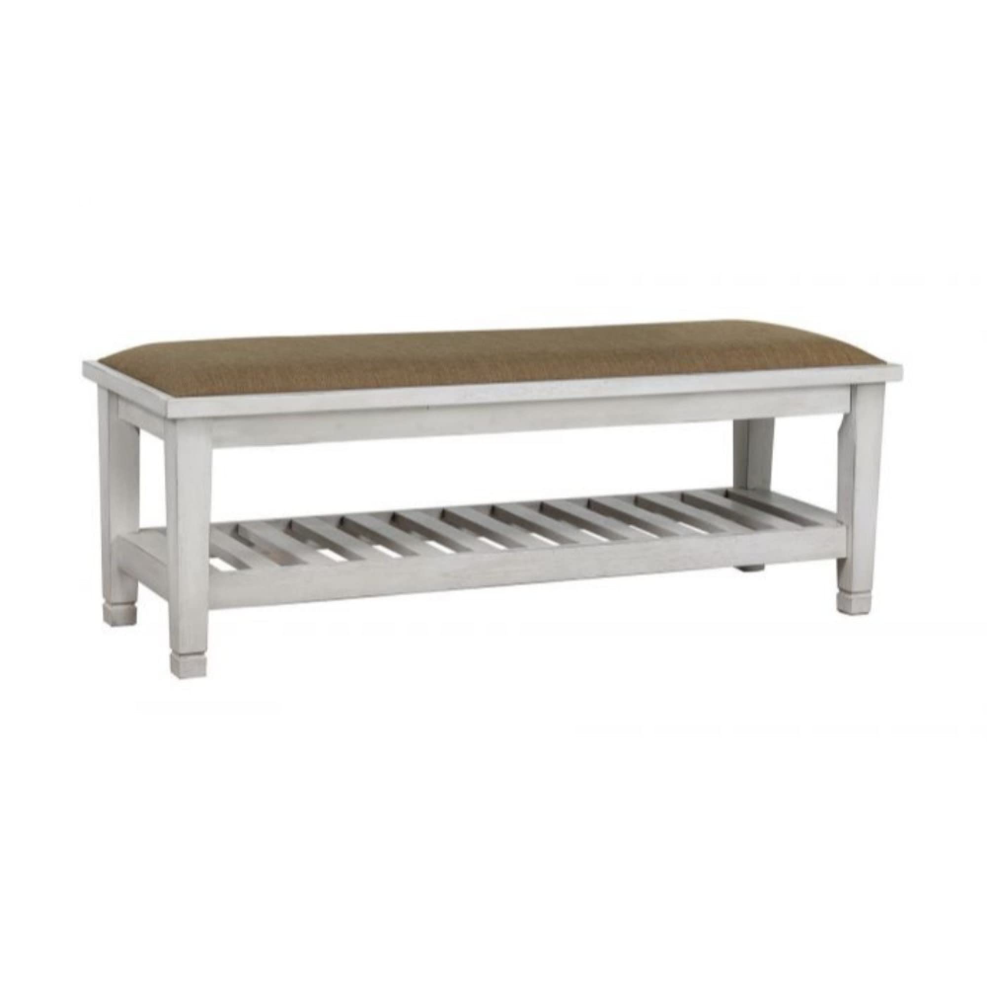 Benjara Benzara Wooden Bench with Padded Seat & Slatted Shelf - Ivory White Storage Bench for Entryway, Bedroom, or Living Room - Sturdy Wooden Seat with Comfortable Cushion & Shelf for Shoes, Books, or Decor