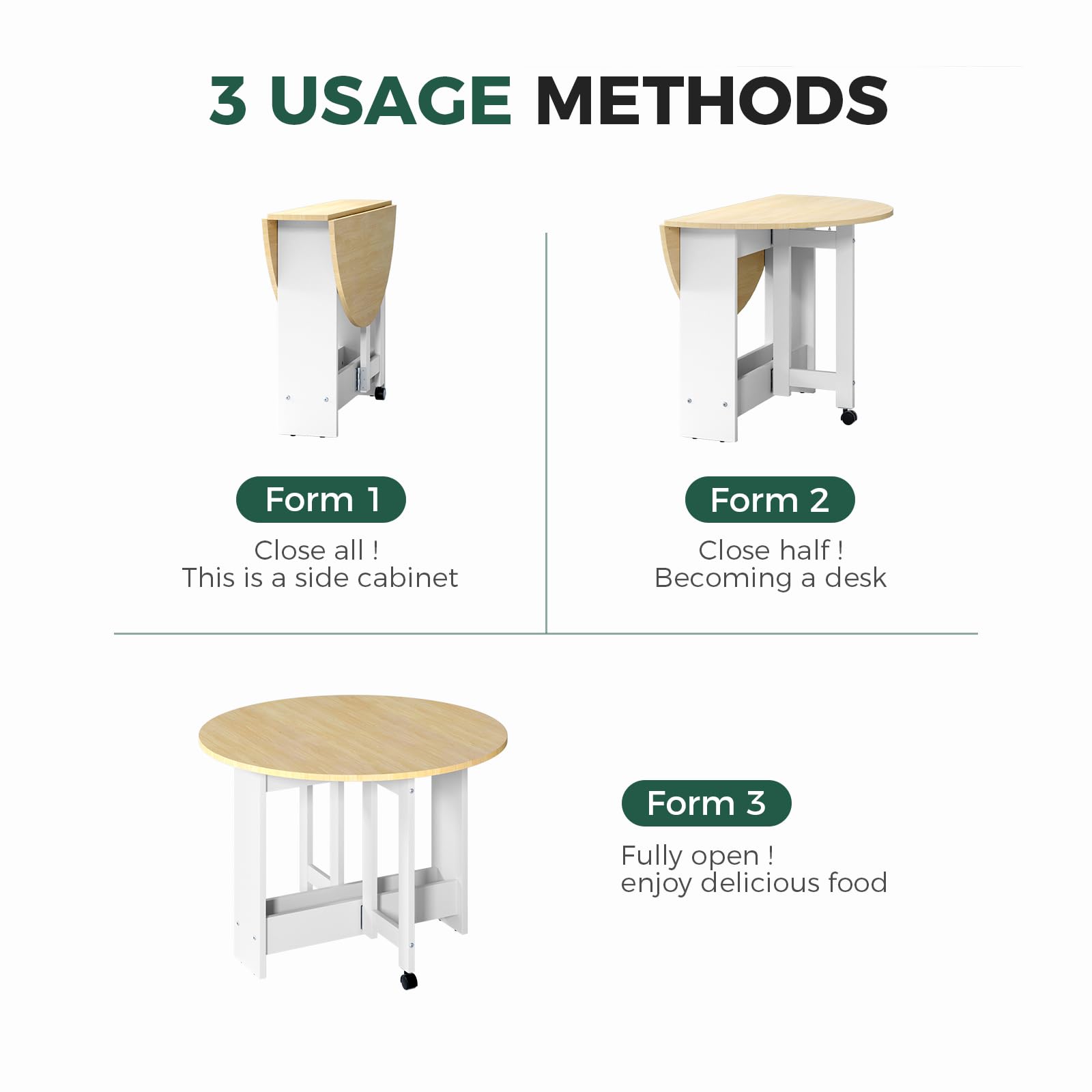 Round Drop-Leaf Folding Dining Table - Space Saving Extendable Kitchen Table with Storage & Wheels | Multifunctional Convertible Farmhouse Table for Small Spaces | Perfect for Apartments, Dorms, Living Rooms & Compact Dining Areas