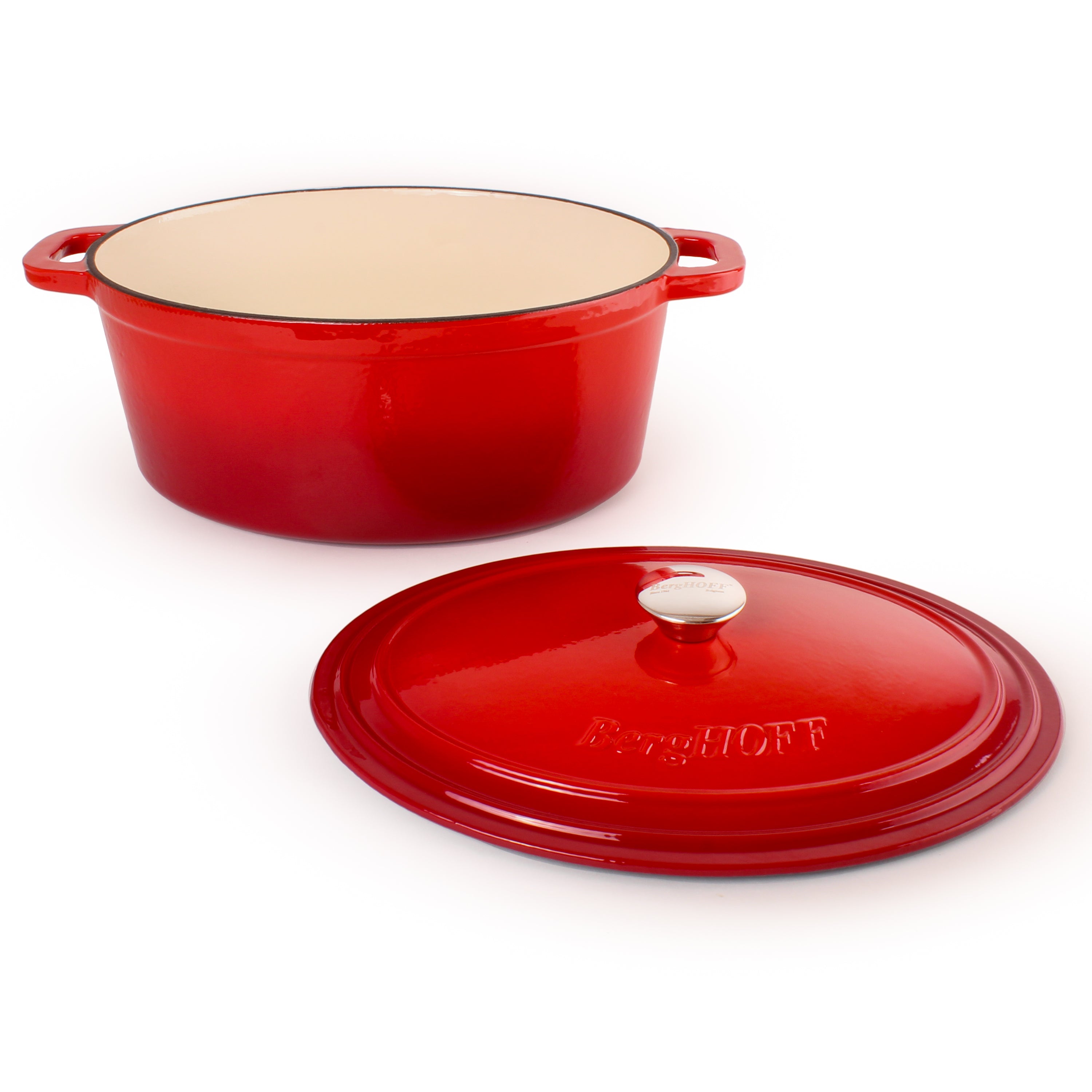 BergHOFF Neo Cast Iron 8-Quart Oval Dutch Oven with Lid - Red Enameled Cookware for Braising, Roasting & Baking - Perfect for Soups, Stews & Bread Making