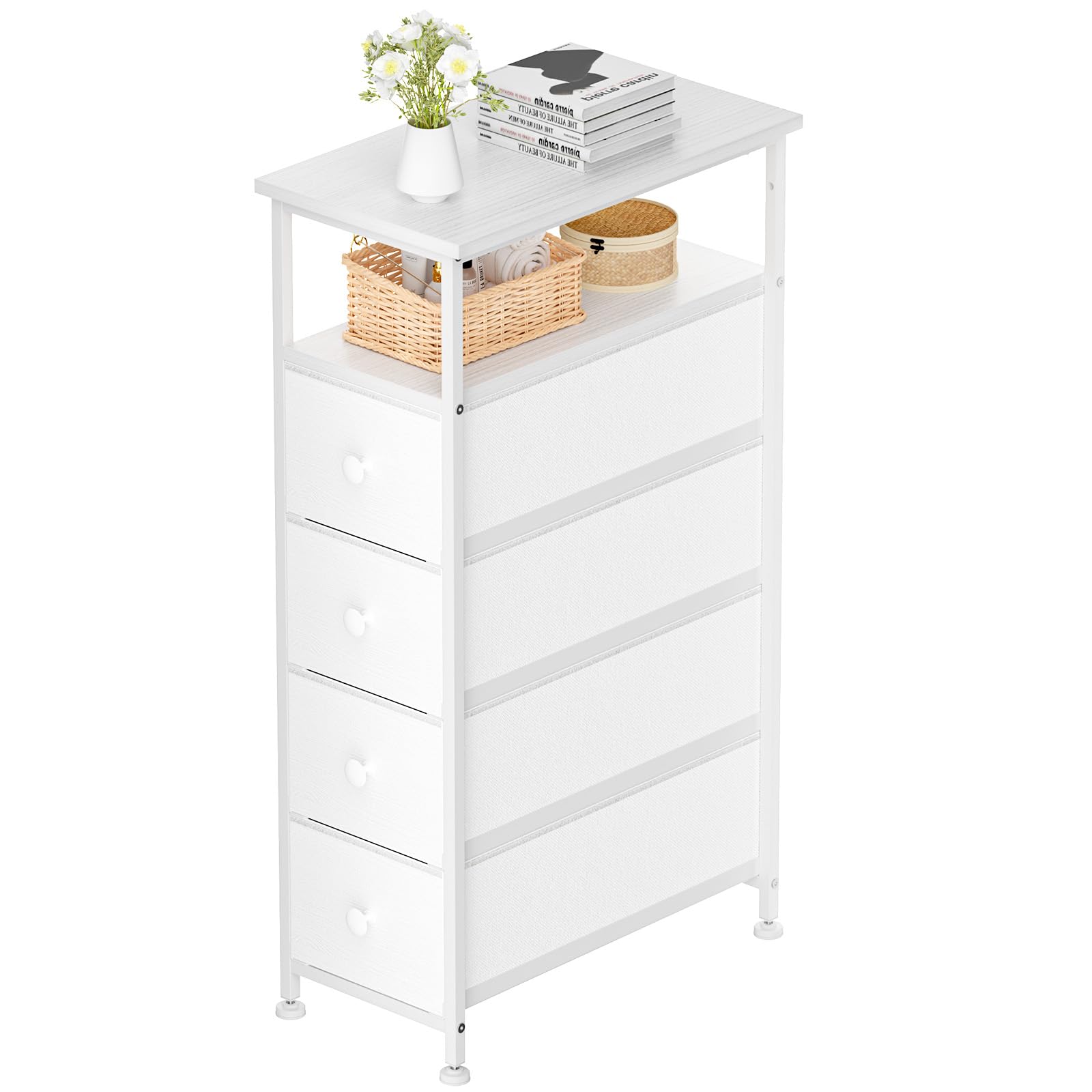 Slim White Dresser Storage Tower with 4 Fabric Drawers & Wood Shelf - Space-Saving Bedroom Nightstand, Bathroom Organizer for Small Spaces, Closet & Laundry Room - Perfect for Apartment Living & Dorm Storage