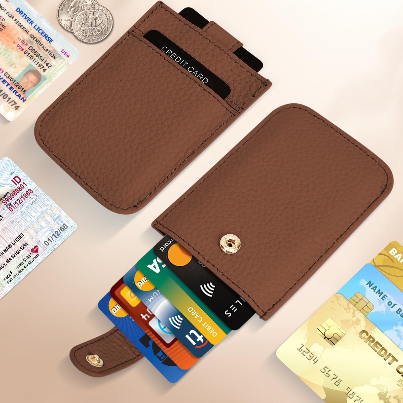 Unaone Slim Minimalist RFID Blocking Wallet - Soft Leather Front Pocket Card Holder for Men & Women | Pull-Out Card Organizer | Perfect for Travel, Work & Everyday Use (Caramel)
