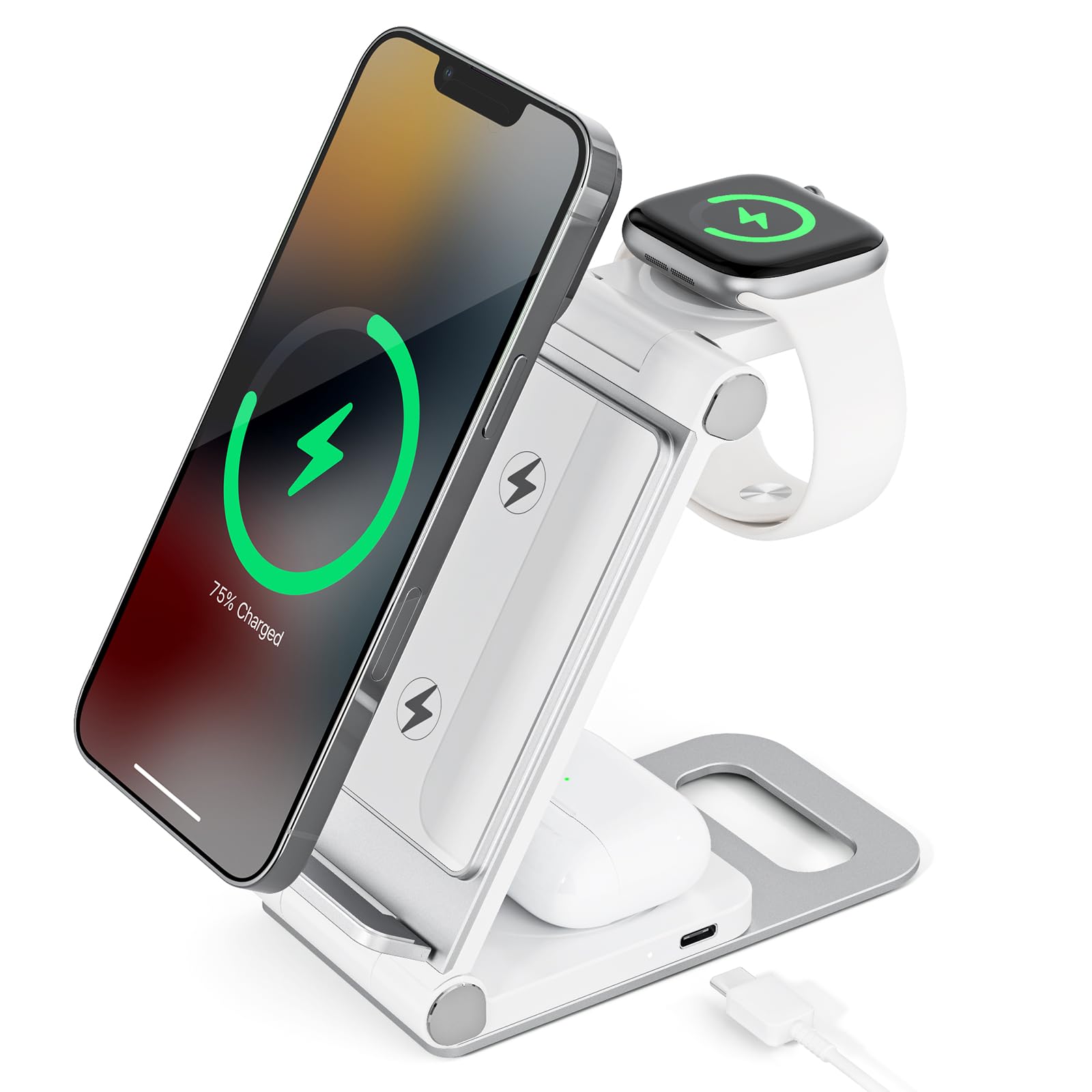 15W Fast Wireless Charger with Sleep-Friendly Adaptive Light - Compatible with iPhone 16/15/14/13 Pro/XS/8 Plus & Samsung Galaxy S23/S22/S21/Note 20 - Silver | Perfect for Bedside, Office & Travel Charging