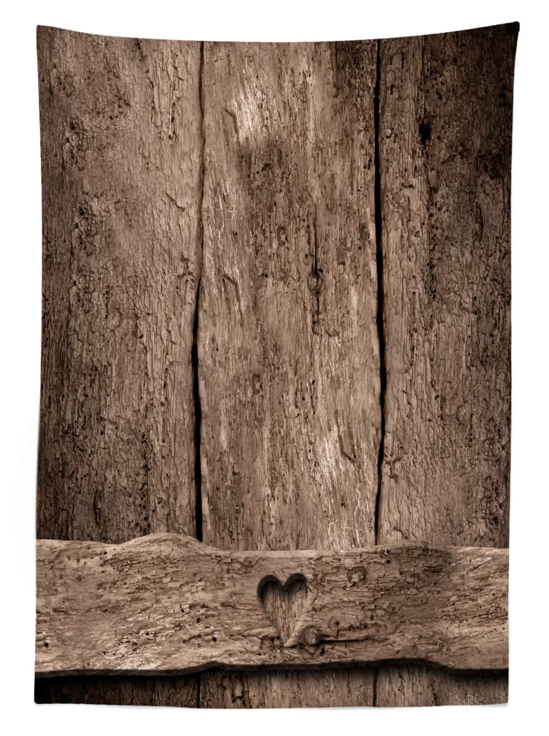 Ambesonne Prehistoric Country Outdoor Tablecloth - Romantic Heart Print on Rustic Wooden Slats, Washable Picnic Table Cover 58x104 Inches in Umber - Perfect for Outdoor Dining, BBQs, Picnics & Farmhouse Decor
