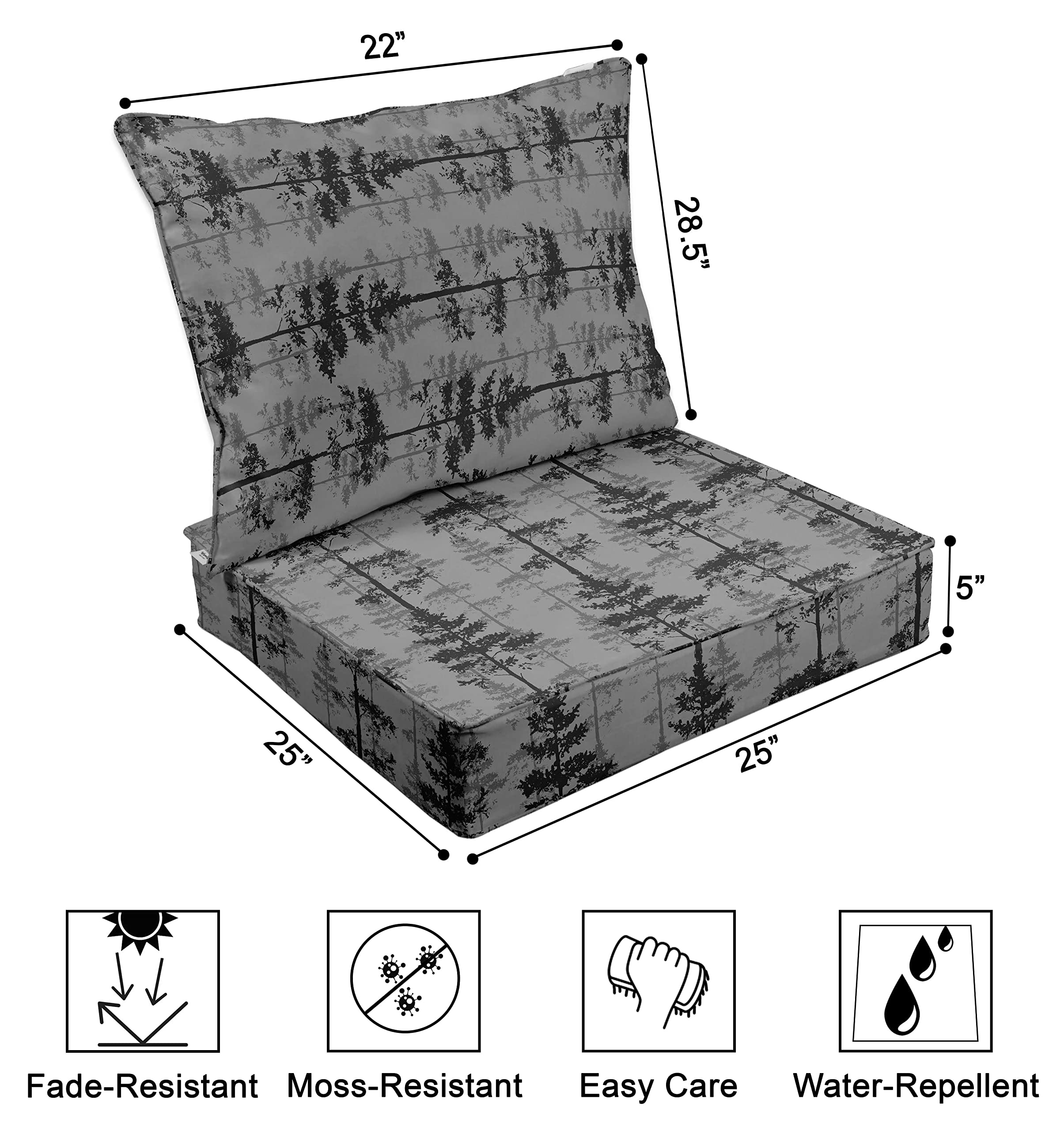 Printed Outdoor Deep Seat Patio Cushions Set - 2pc All-Weather Replacement Cushions (25x25x5 Inches, Gray) for Patio Furniture, Deck Chairs & Outdoor Seating - Waterproof & UV Resistant