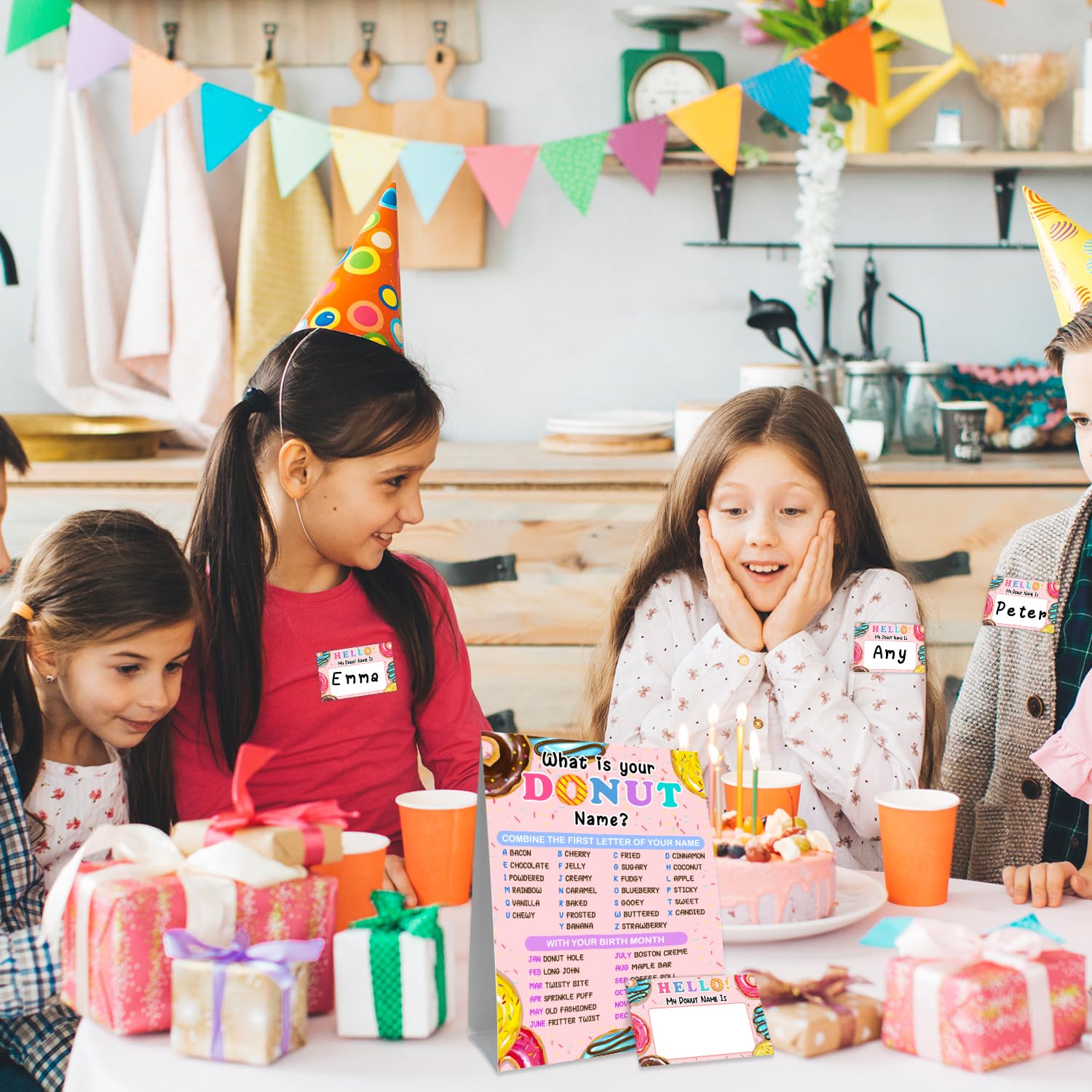 Donut Name Game Set - 30 Fun Activity Cards & Party Sign for Girls Birthday, Wedding, Anniversary | Perfect for Holiday Celebrations & Kids' Party Games