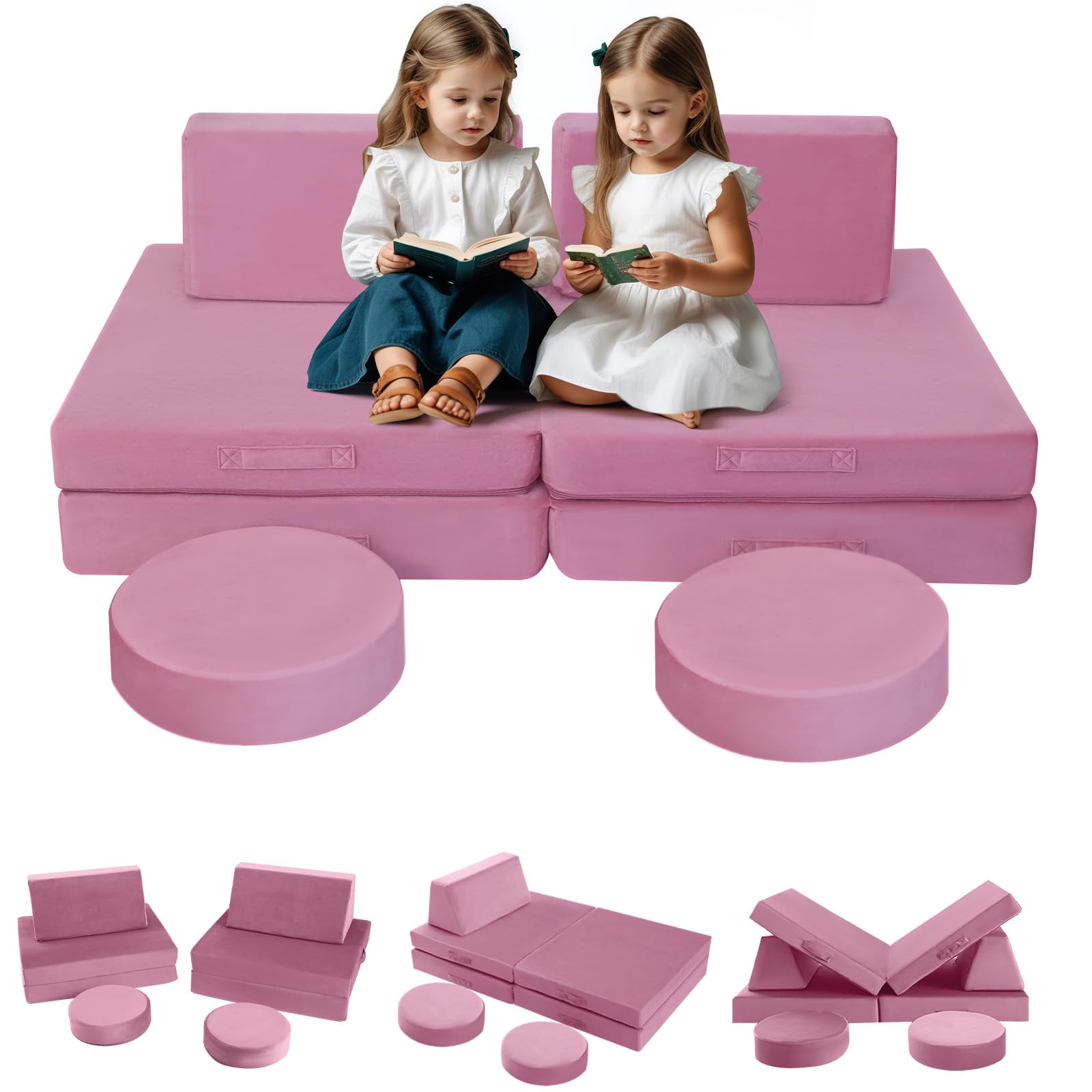 MeMoreCool 8-Piece Modular Kids Play Couch - Convertible Foam Toddler Sofa Set for Playroom, Pink | Indoor Play Furniture for Toddlers & Kids | Perfect for Playrooms, Bedrooms & Daycare Centers