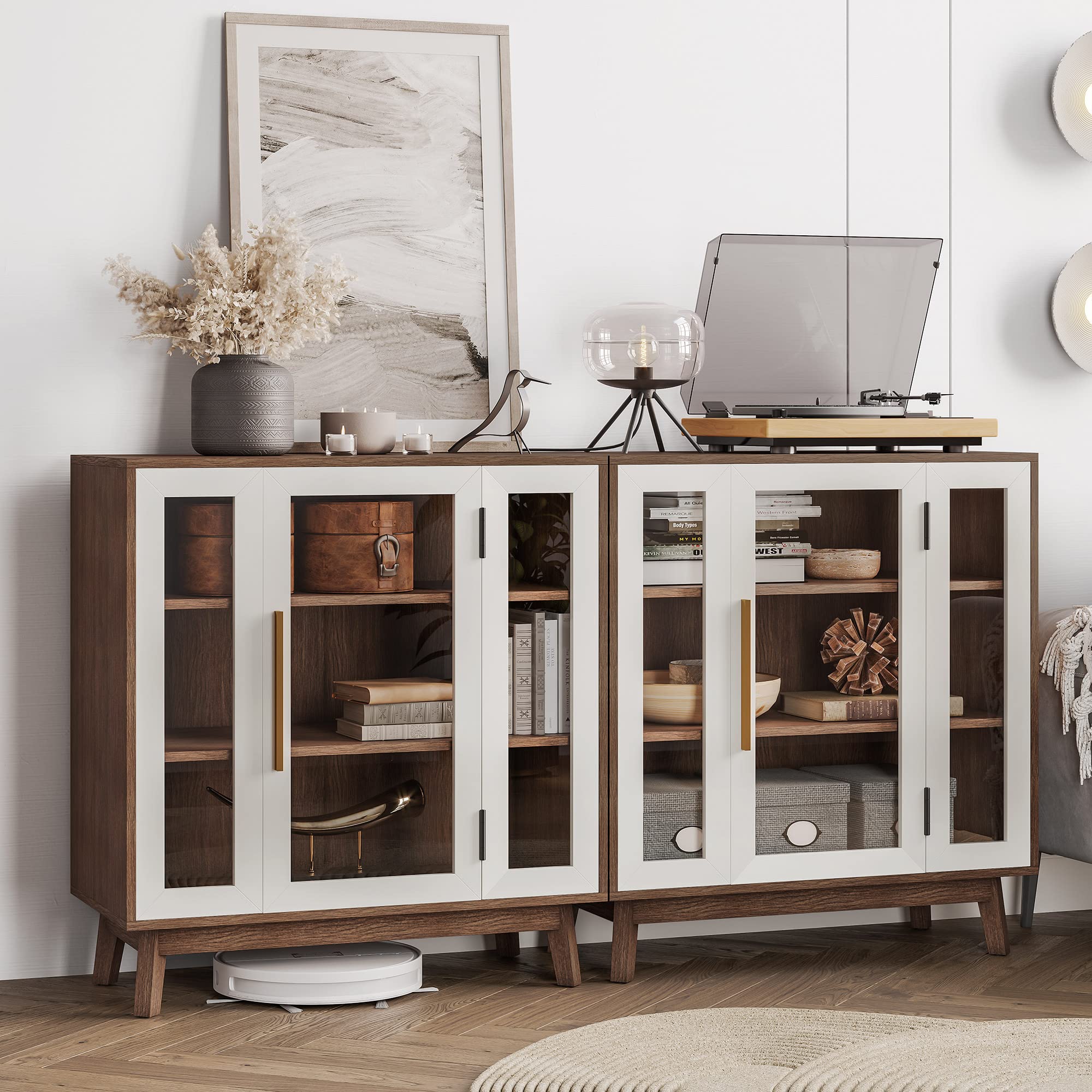 BELLEZE 3-Tier Sideboard Buffet Cabinet - Modern Glass Display Curio Cabinet with Storage, White Kitchen Pantry & Coffee Bar Organizer - Perfect for Living Room, Entryway, and Dining Room Decor