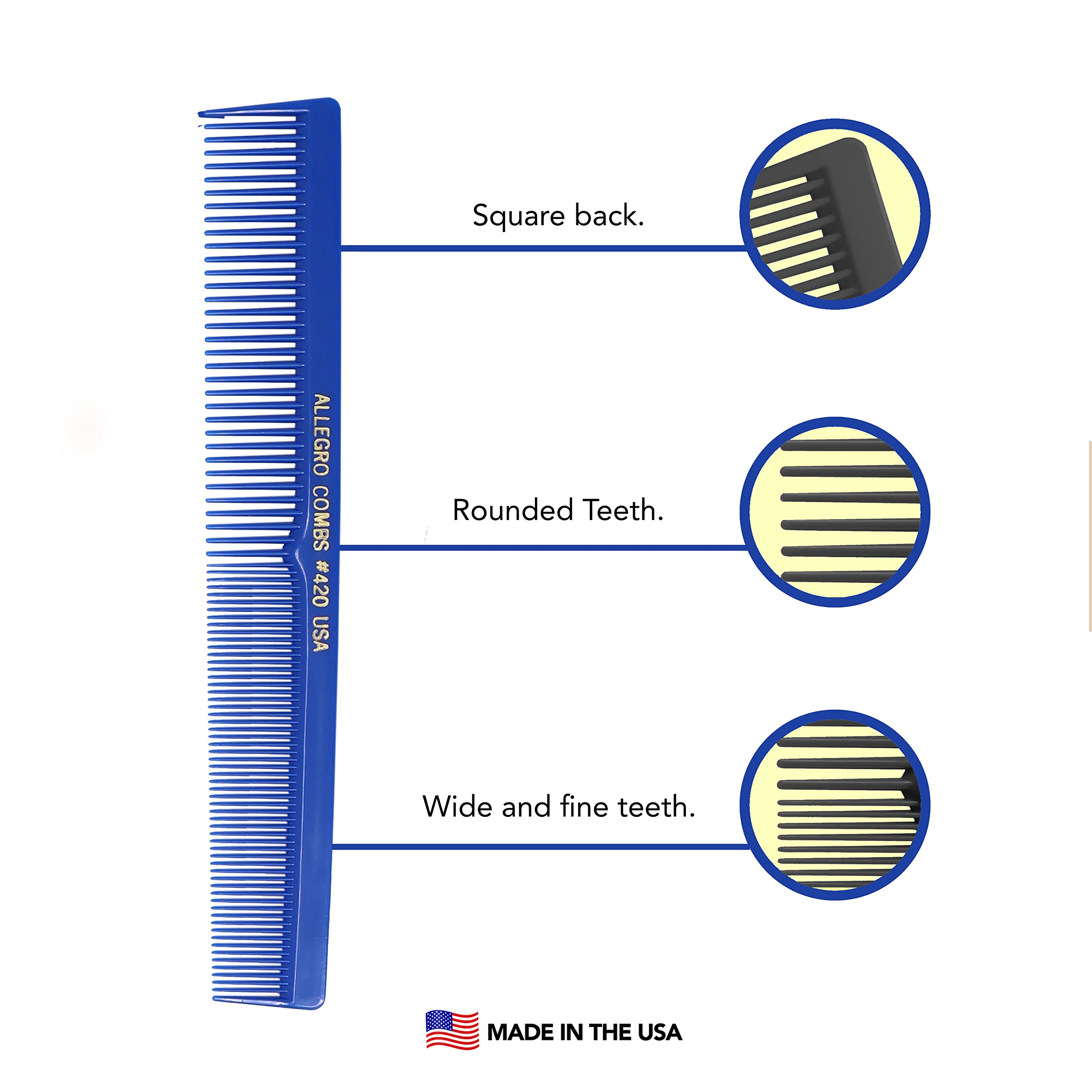 Professional 3-Piece Hair Cutting Comb Set for Barbers & Stylists - Allegro Combs for Beard, Mustache, Braiding & Parting (Royal Blue) - Perfect for Men, Women & Kids Hair Styling at Home or Salon
