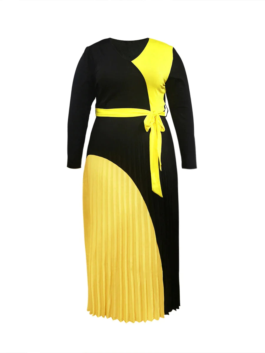 Elegant Fall Maxi Dresses for Women - Bandage Design Tiered Pleated A-Line Dress with Belt & Long Sleeves | V-Neck Flowy Patchwork Vestidos | Perfect for Autumn Weddings, Parties & Date Nights