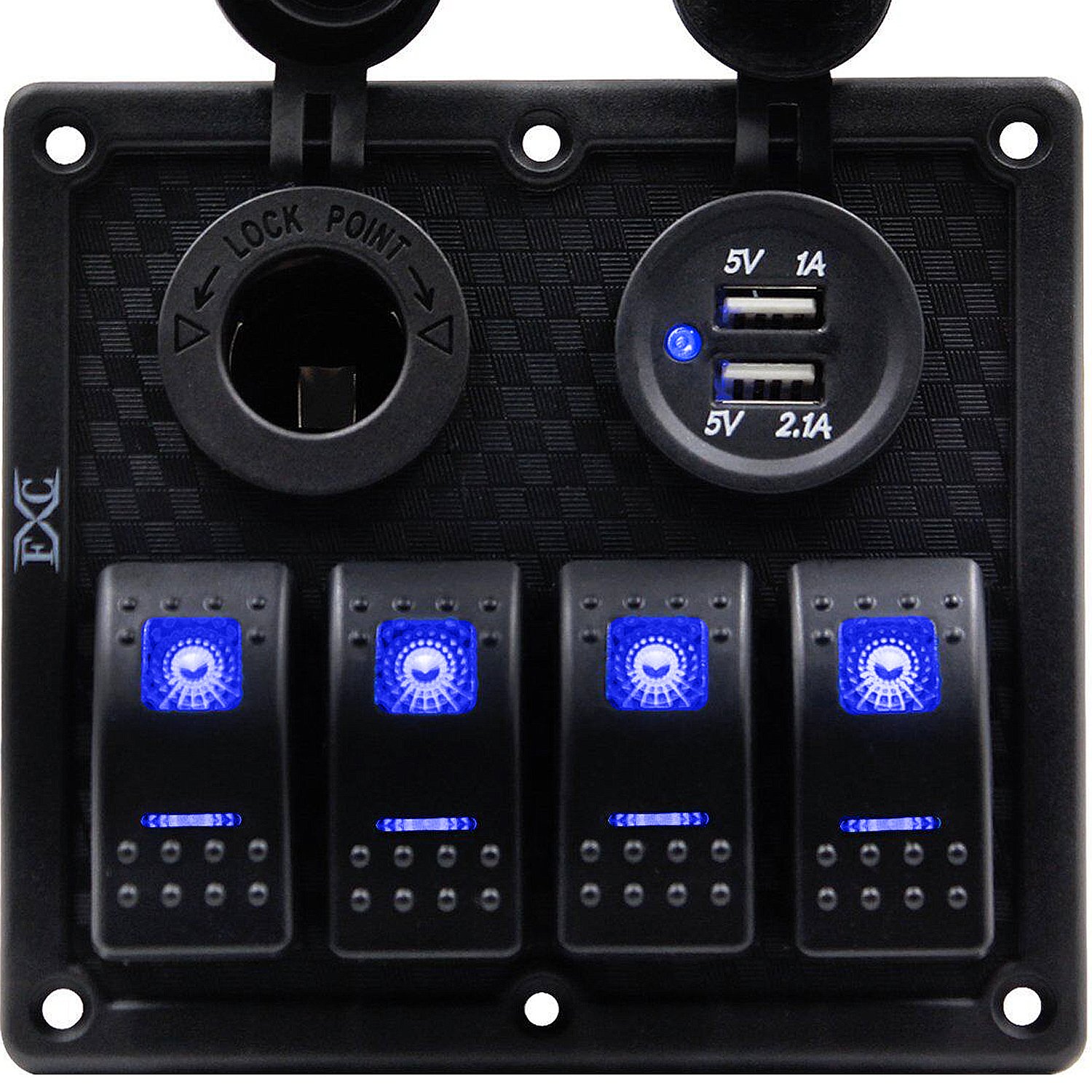 Waterproof Marine Boat Rocker Switch Panel 4 Gang with Dual USB Ports & 12V Cigarette Lighter - Blue LED Light for Car, RV, Truck, Boat - Perfect for Off-Roading, Camping & Marine Applications