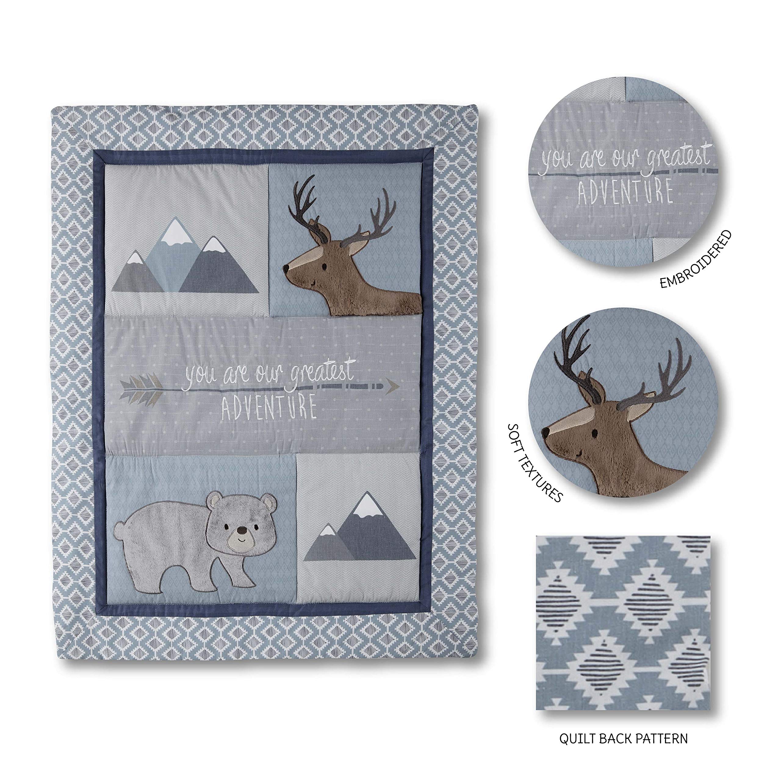 Levtex Baby Emerson 4-Piece Crib Bedding Set - Navy Blue Grey Tan Animal Adventure Nursery Collection - Quilt, Fitted Sheet, Dust Ruffle & Wall Decal for Newborn Infant Bedroom Decor