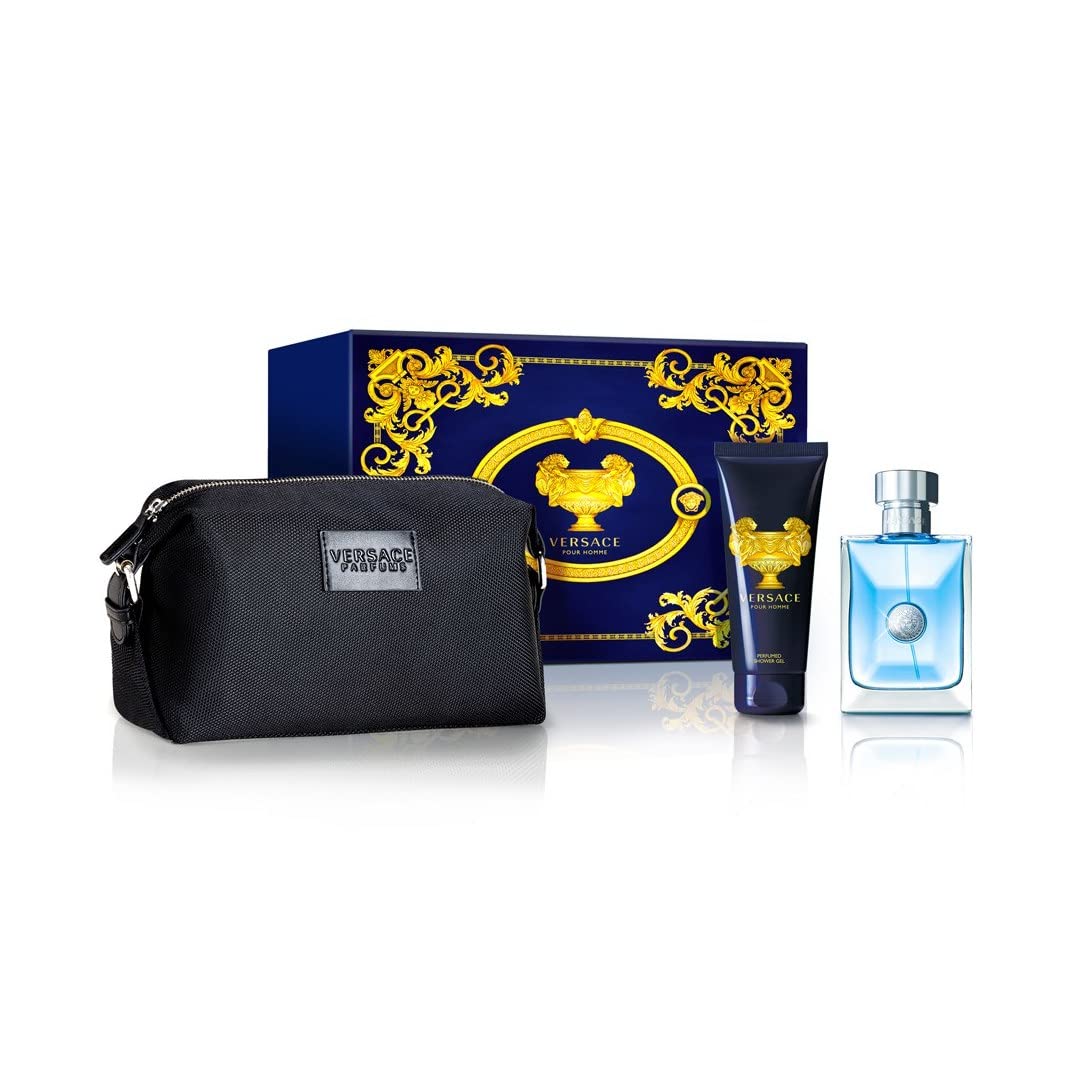 Versace Pour Homme Cologne Gift Set for Men - 3.4 oz EDT Spray, After Shave & Deodorant - Luxury Fragrance Trio for Date Night, Groomsmen & Special Occasions