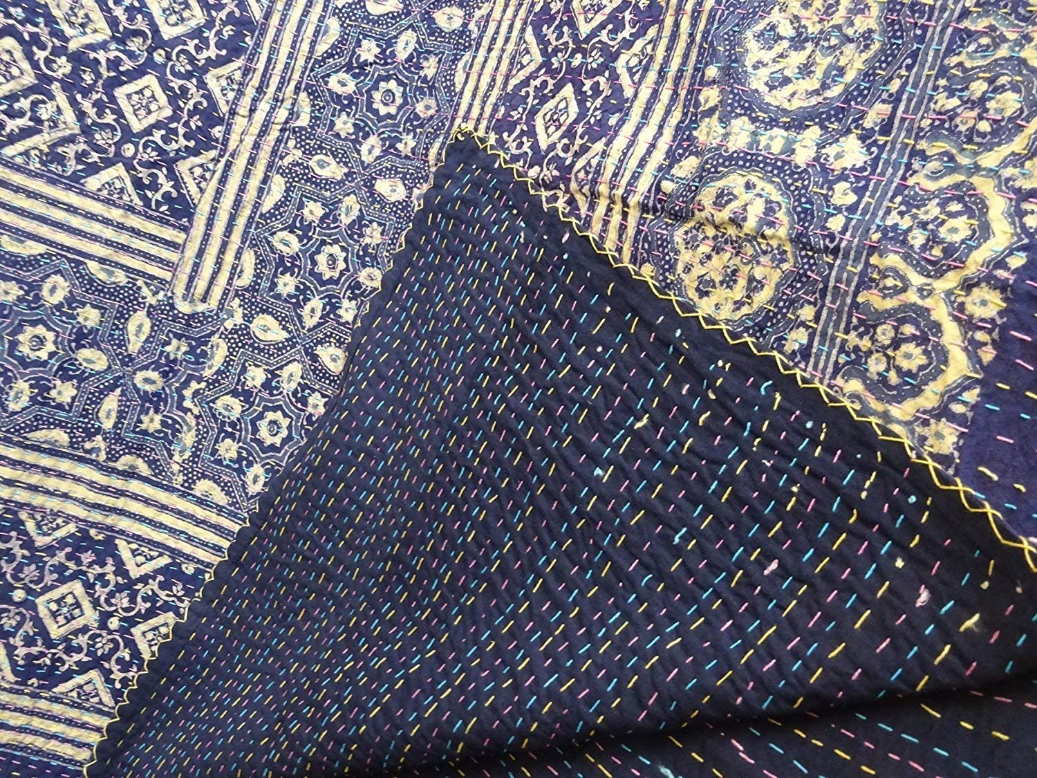Handmade Blue Kantha Quilt Queen Size - Indian Ajrakh Stitch Bohemian Bedspread & Throw Blanket | Perfect for Bohemian Bedroom Decor, Guest Room Accent, or Cozy Living Room Throw