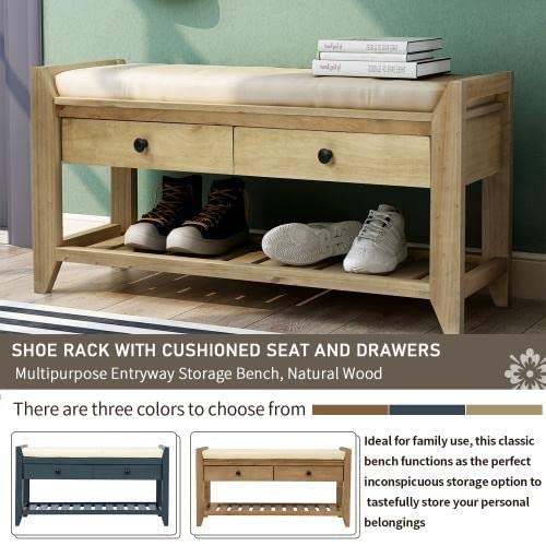 Multipurpose Storage Bench with Cushioned Seat, Shelf & 2 Drawers - Entryway Shoe Rack for Living Room, Hallway - Grey Crash Fabric - Perfect for Small Space Organization & Shoe Storage