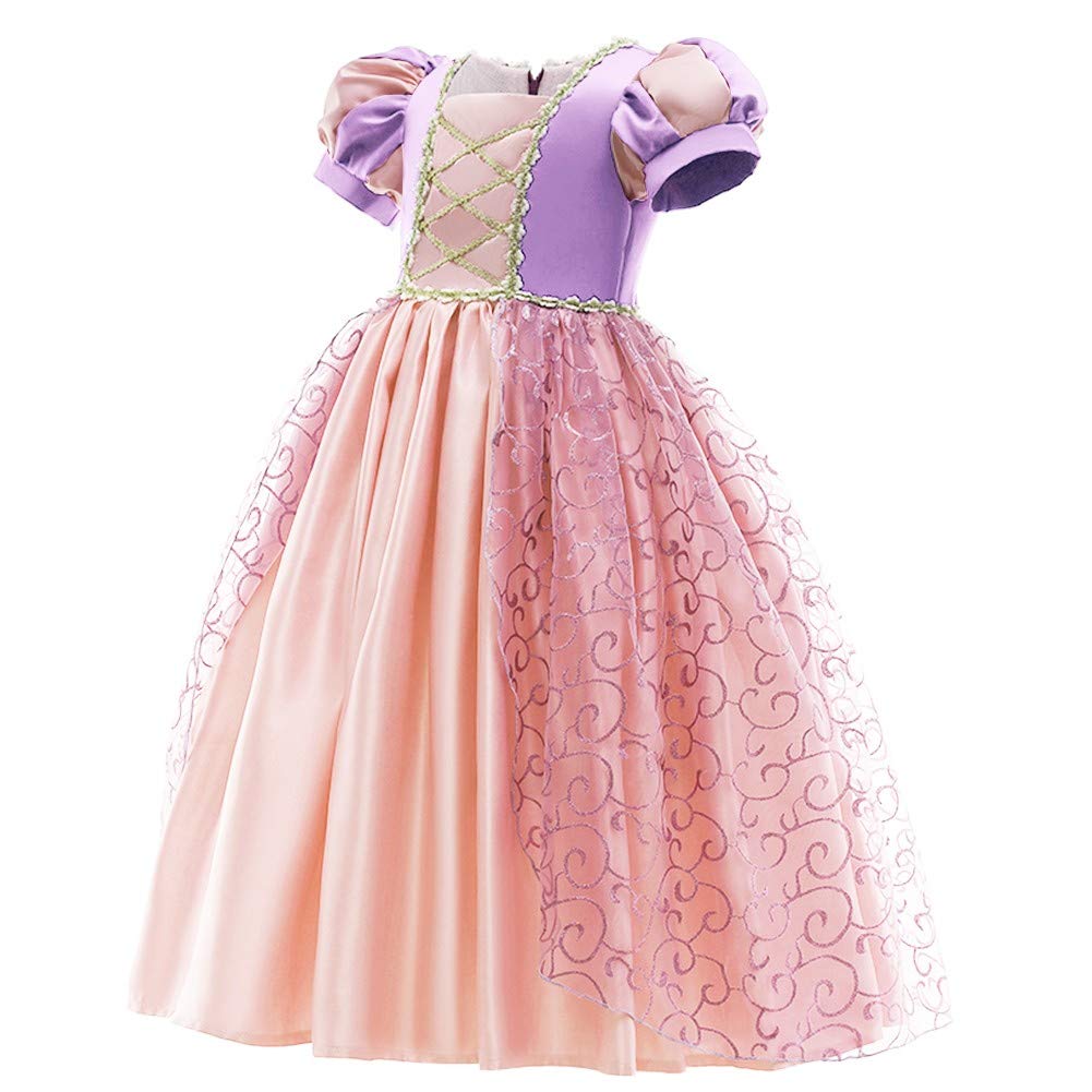 REXREII Girls Rapunzel Princess Sofia Costume Dress with Gloves & Hair Wig - Peach 4-5T for Halloween, Christmas Party, Birthday & Dress Up Play