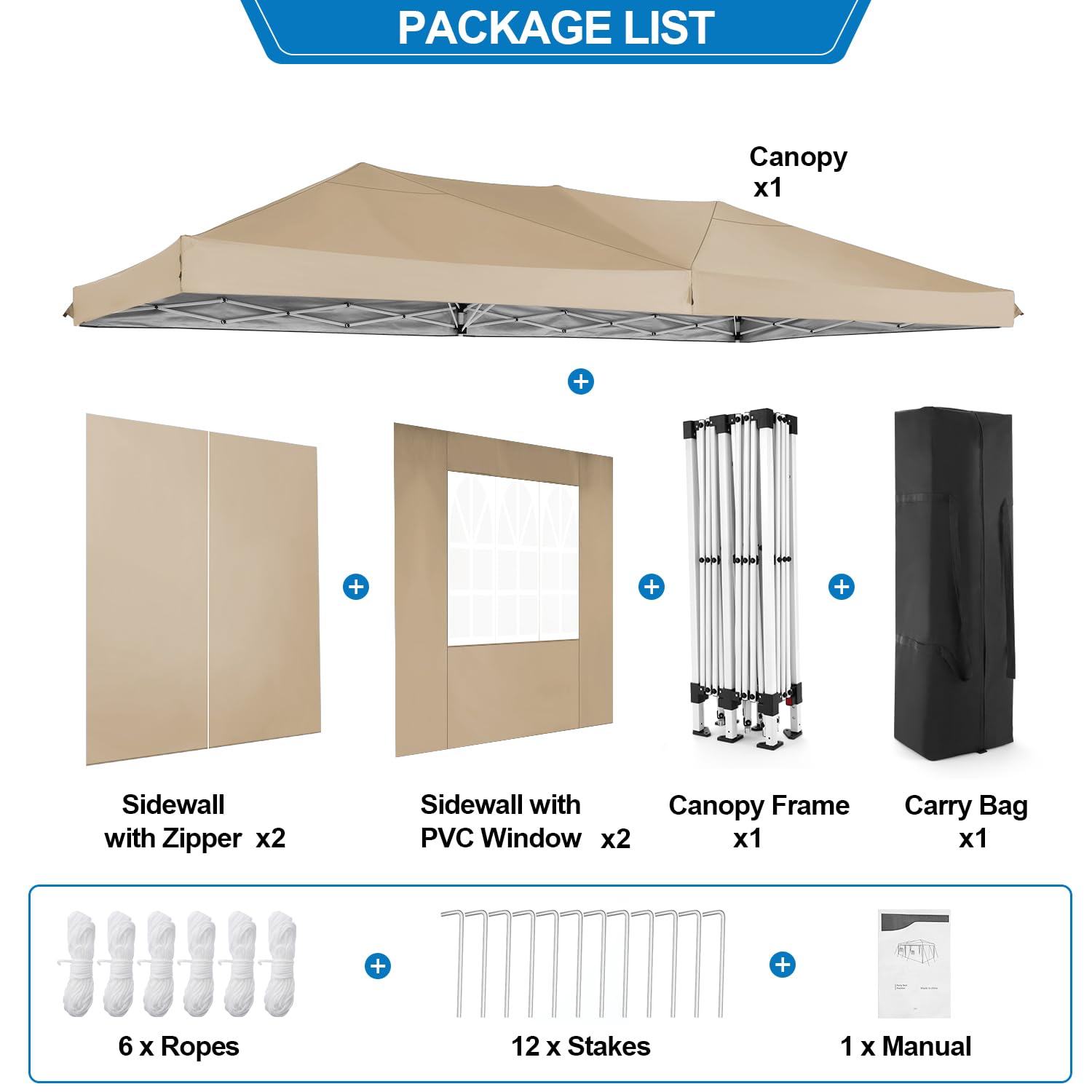 COBIZI 10x20 Pop Up Canopy Tent with 6 Sidewalls - Waterproof Outdoor Event Shelter, Instant Gazebo Sun Shade for Parties, Beach, Camping & Commercial Use | Portable 10'x20' Khaki Canopy for Backyard, Tailgating & Farmers Markets