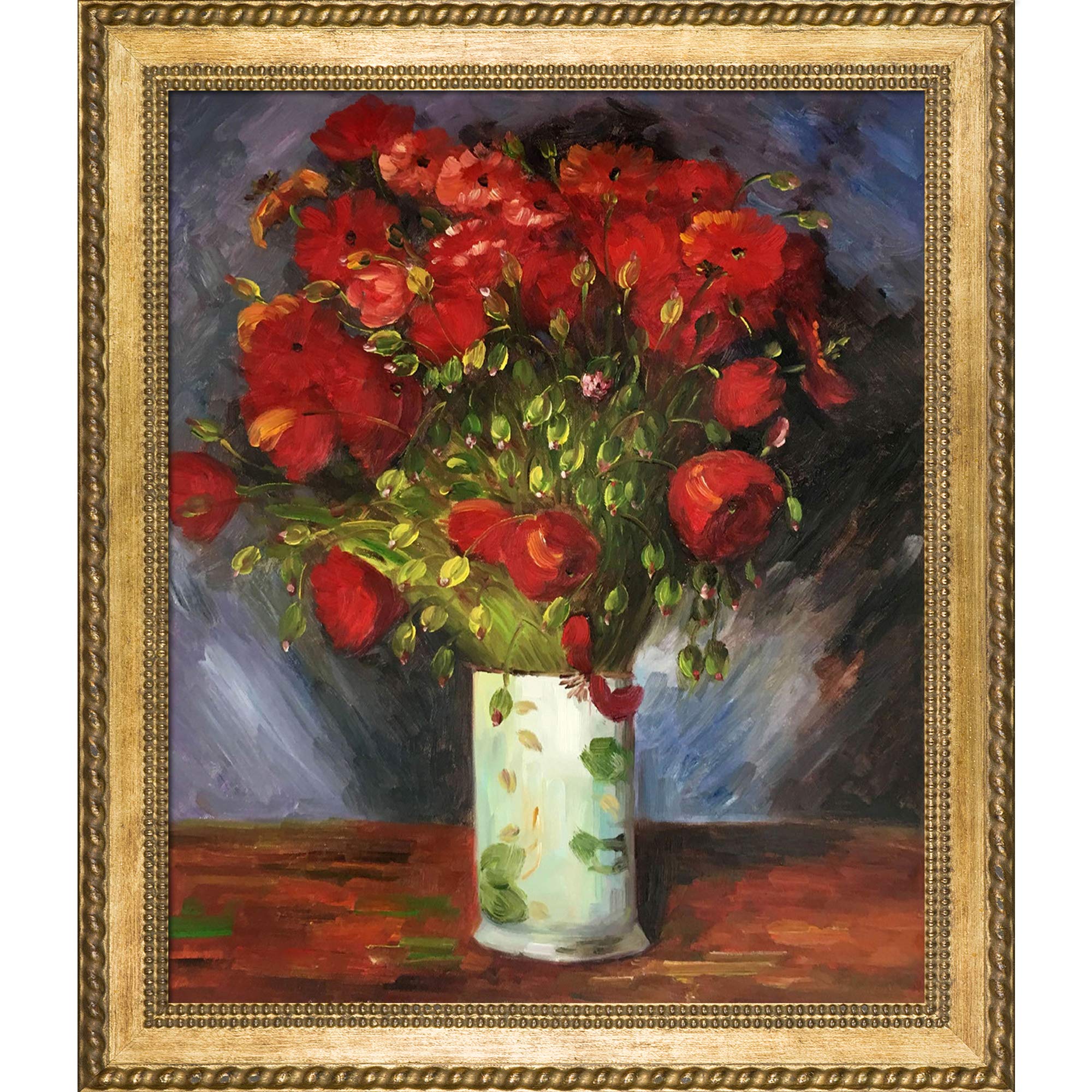 OverstockArt Hand-Painted Red Poppies Vase Oil Painting Reproduction - Van Gogh Inspired Floral Artwork with Verona Gold Braid Frame (28.75