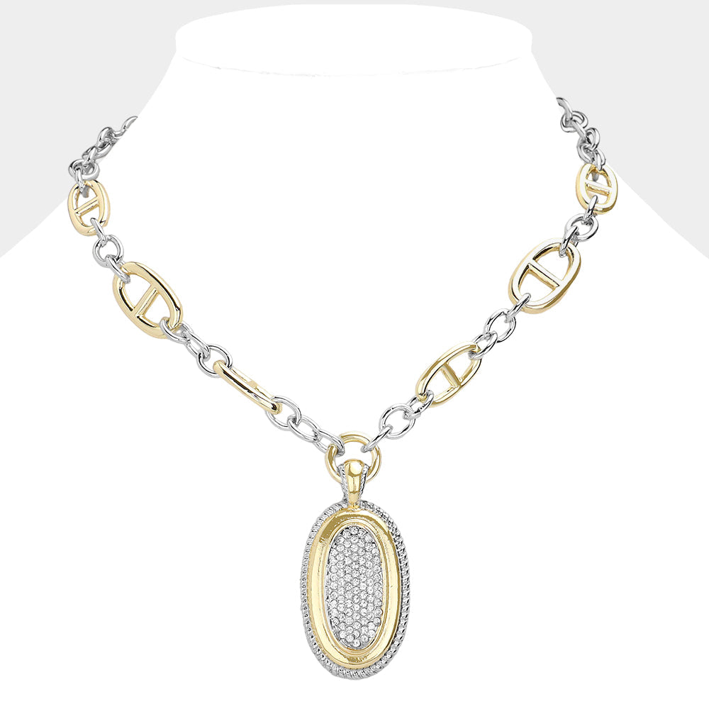 14K Gold Plated Oval Stone Two Tone Chain Necklace for Women - Elegant Dainty Jewelry Gift for Her, Perfect for Date Night, Wedding & Special Occasions