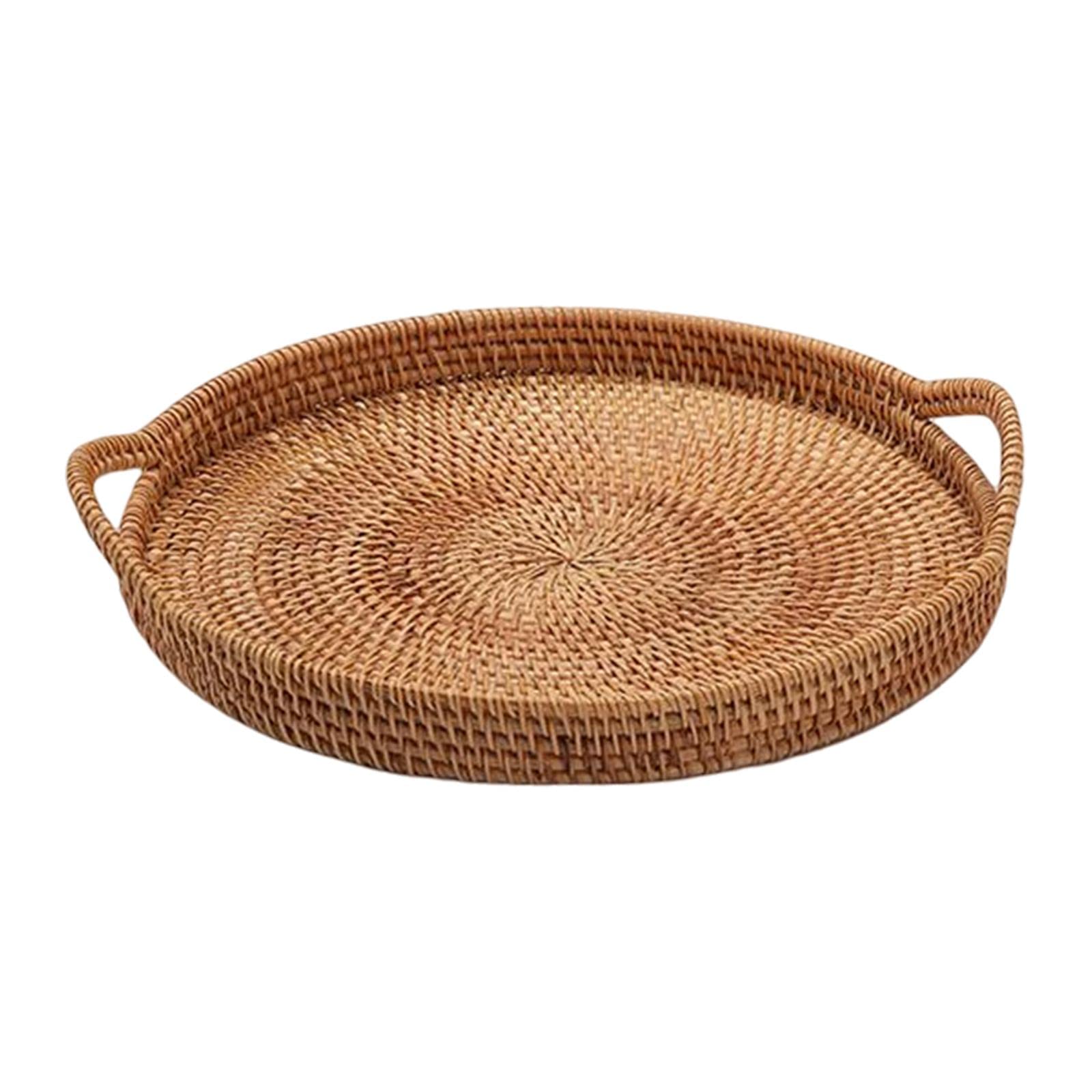 Hand Woven Rattan Round Serving Tray with Handles - 24cm Natural Wicker Coffee Table Decor for Bread, Fruit & Snacks | Perfect for Home Decor, Picnics & Party Serving