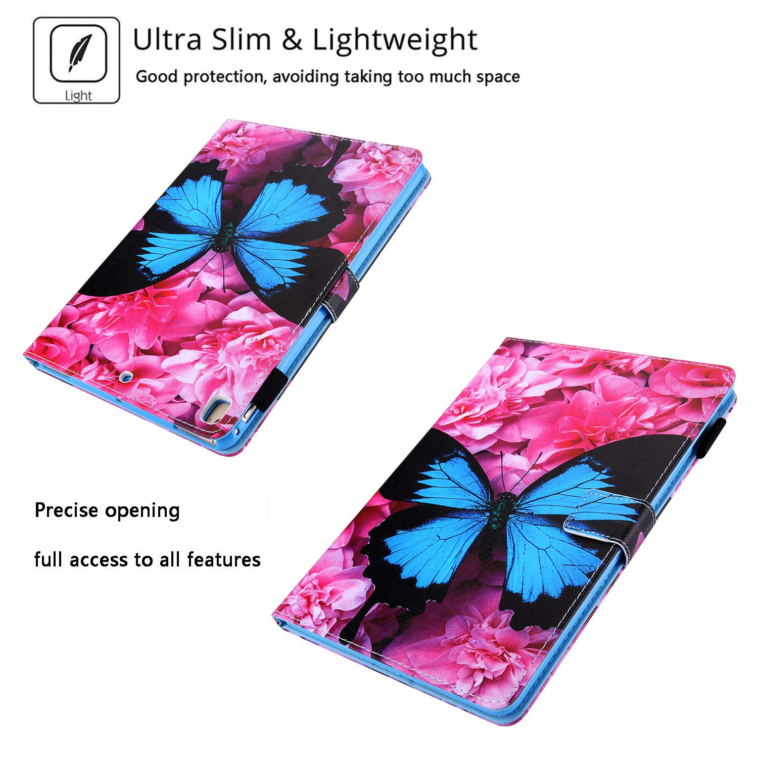 Premium PU Leather Smart Case for Apple iPad 9.7 (2018/2017 iPad 6th/5th Gen, iPad Air 2/Air 1) - Auto Sleep/Wake, Pencil Holder & Stand - Blue Butterfly Flower Design - Perfect for Work, School & Travel