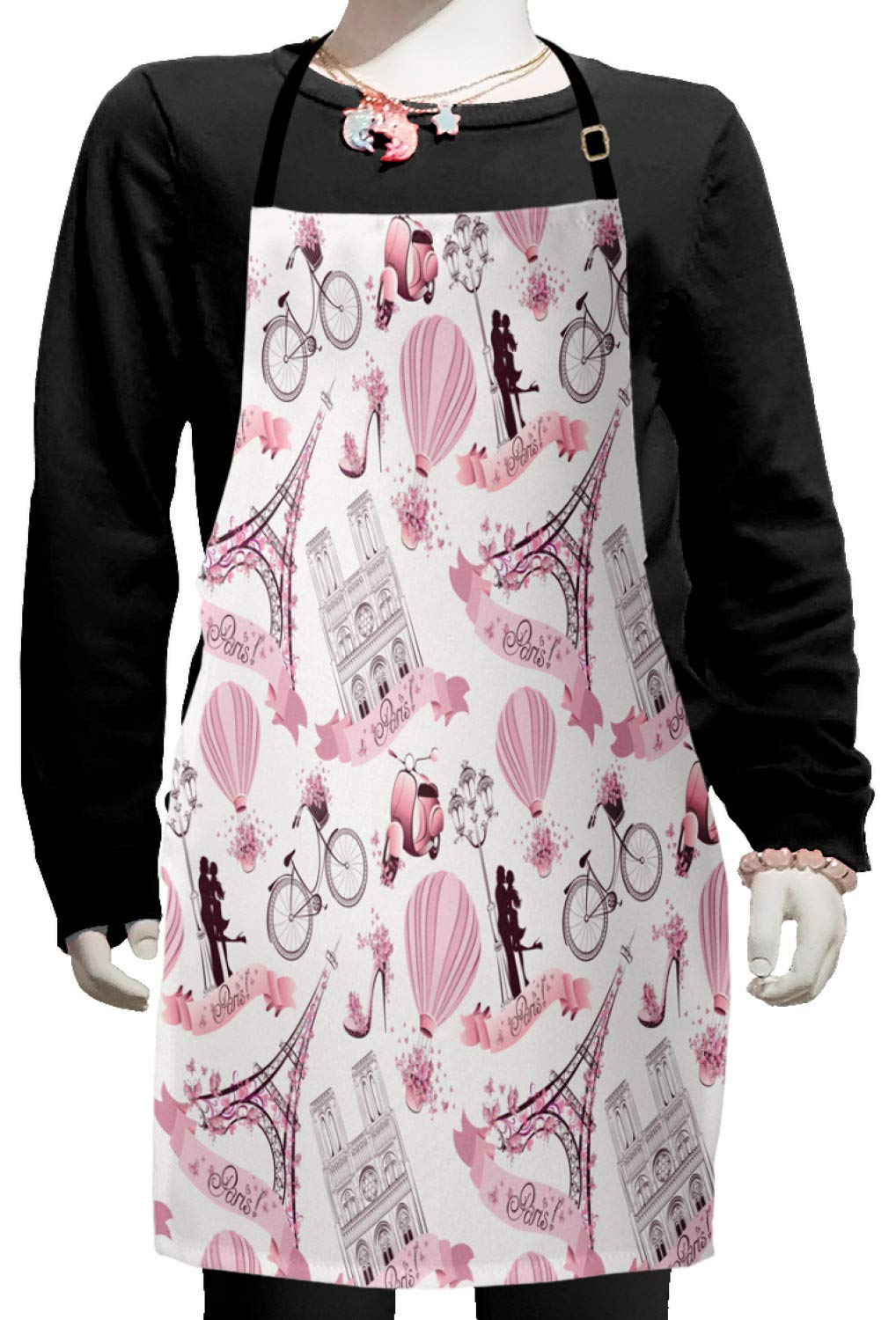 Ambesonne Paris-Themed Apron - Eiffel Tower, Hot Air Balloon & Floral Design, Adjustable Ties for Baking, Painting & Cooking | Perfect for Honeymoon Gifts, Romantic Dinners & French-Themed Parties (Pale Pink & White, Small Size)