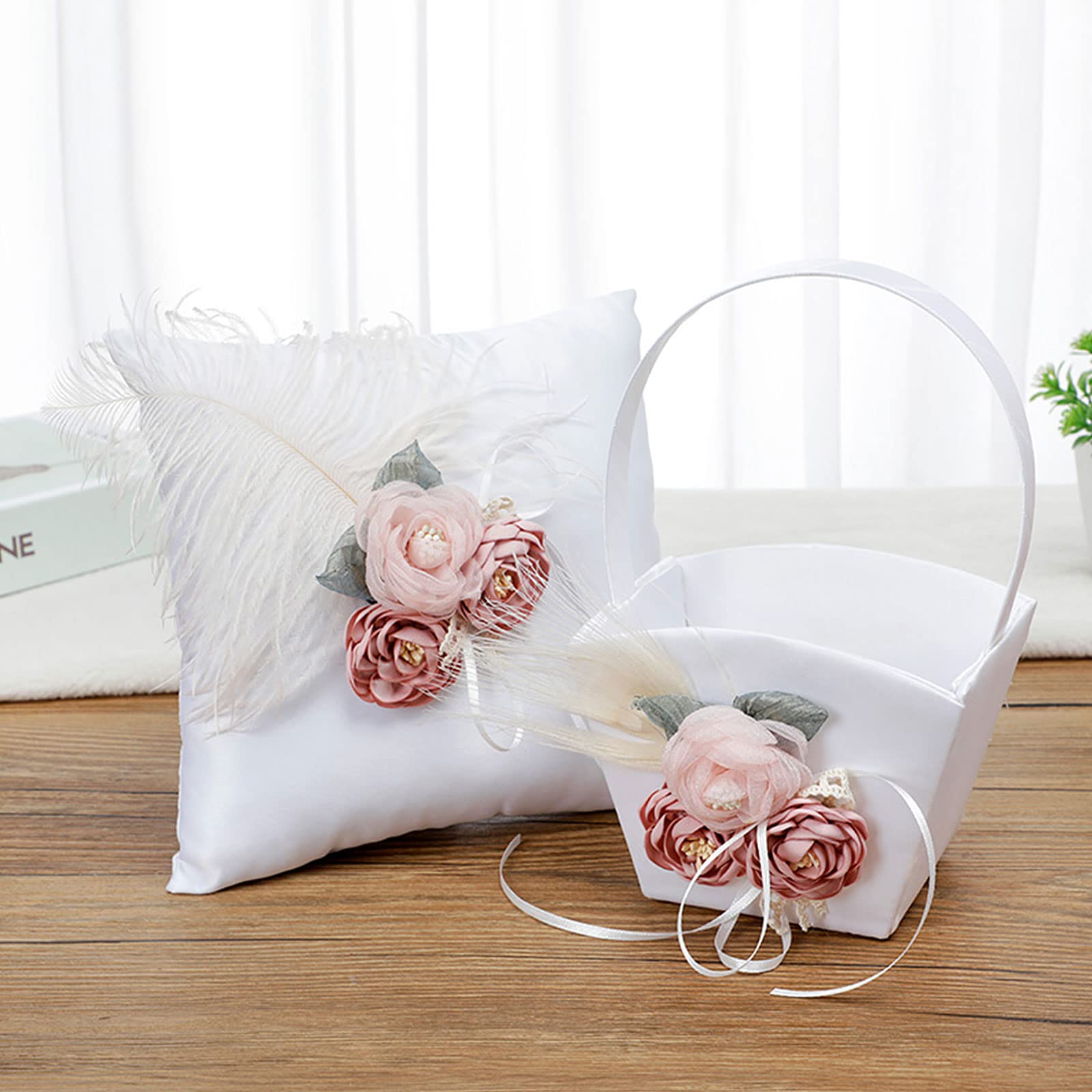 Ivory Satin Wedding Basket & Pillow Set - Flower Girl & Ring Bearer Accessories for Rustic Ceremonies