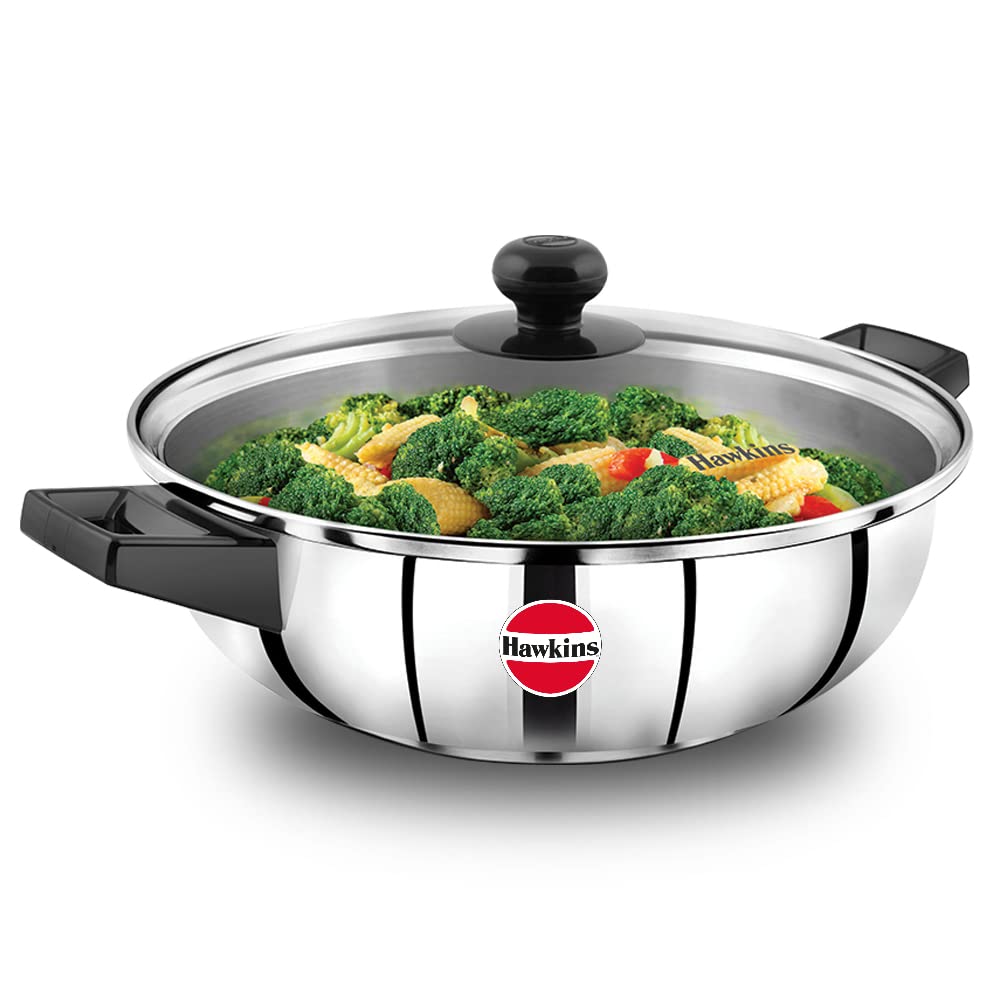 Hawkins 3 Liter Stainless Steel Induction Cook n Serve Fry Pan with Glass Lid - Silver (SSF3LG) | Non-Stick Frying Pan for Sauteing, Frying & Serving | Perfect for Gas, Electric & Induction Stovetops