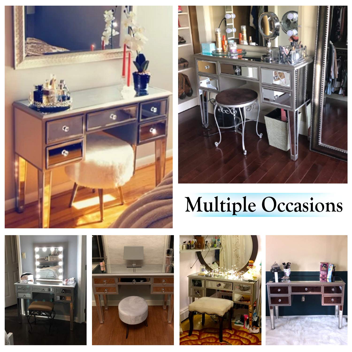Silver Mirrored Console Table with 5 Drawers - Modern Makeup Vanity Desk & Writing Table for Bedroom, Living Room, Home Office | Perfect for Dressing, Studying, and Media Storage