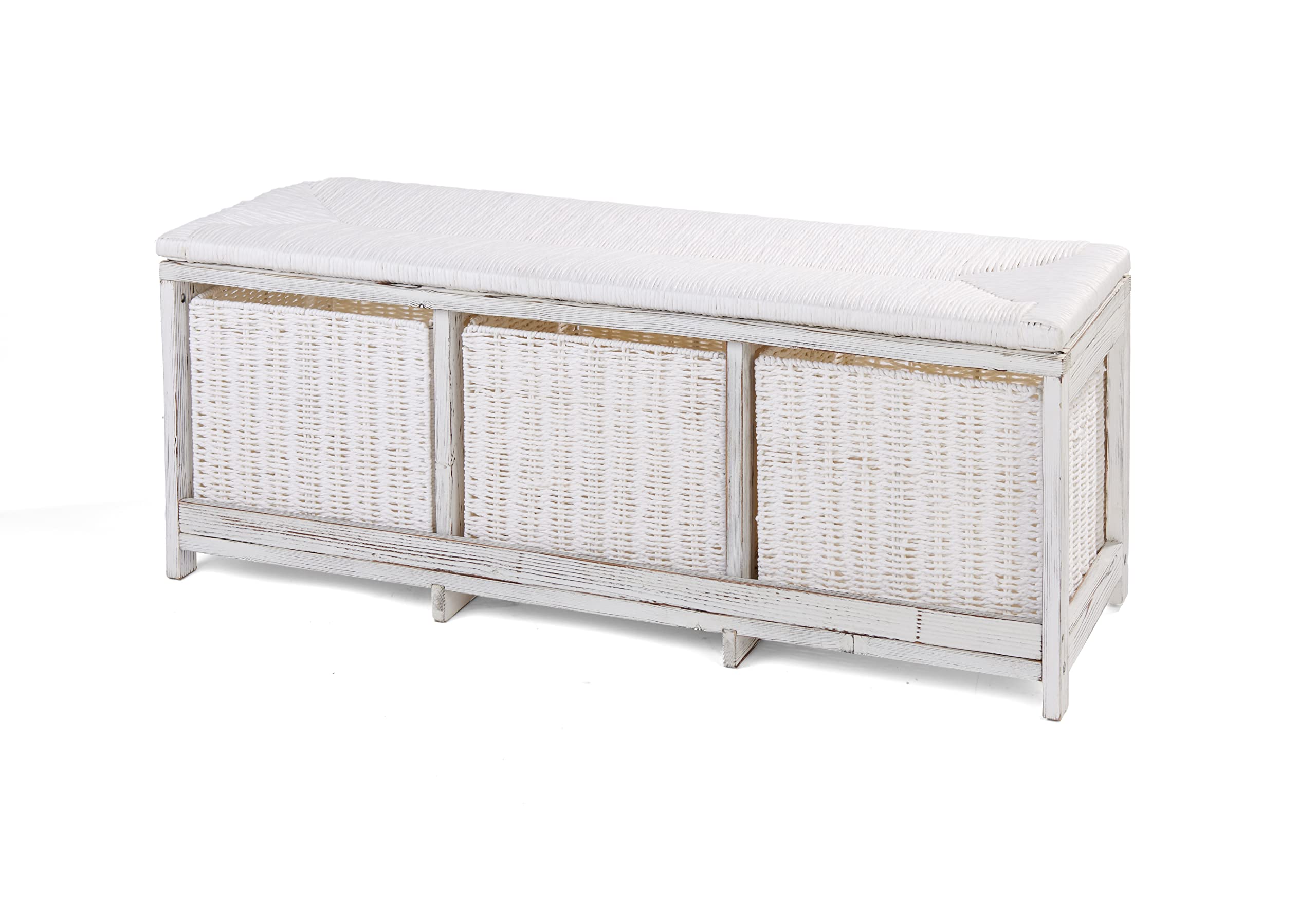 Badger Basket White Toy Storage Bench for Kids with Woven Top & 3 Collapsible Baskets - Perfect for Nursery, Playroom & Bedroom Organization