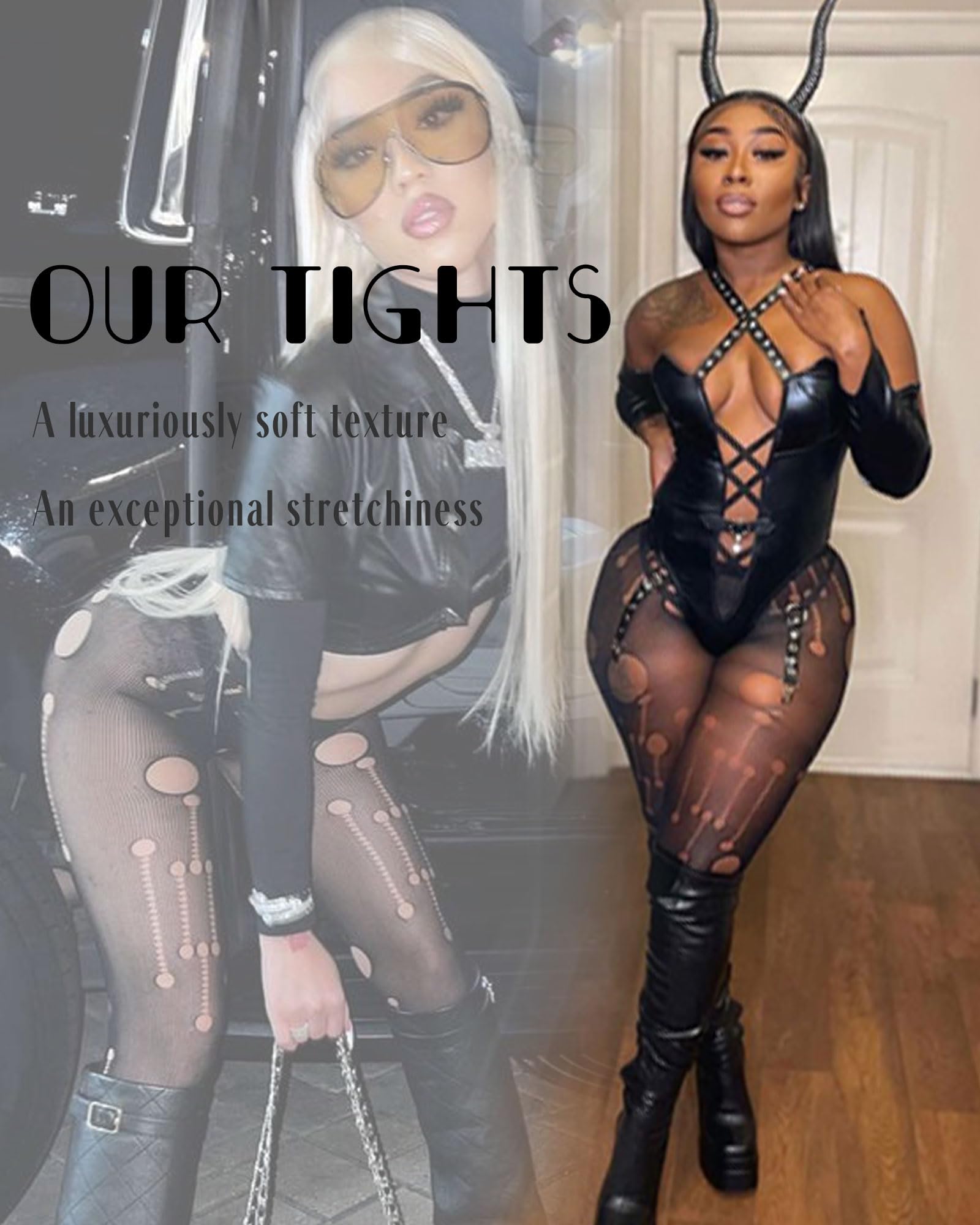 XIUSEMY Women's Sexy Fishnet Tights - Patterned Thigh-High Stockings, Black Lace Pantyhose & Leggings for Party, Cosplay, and Night Out