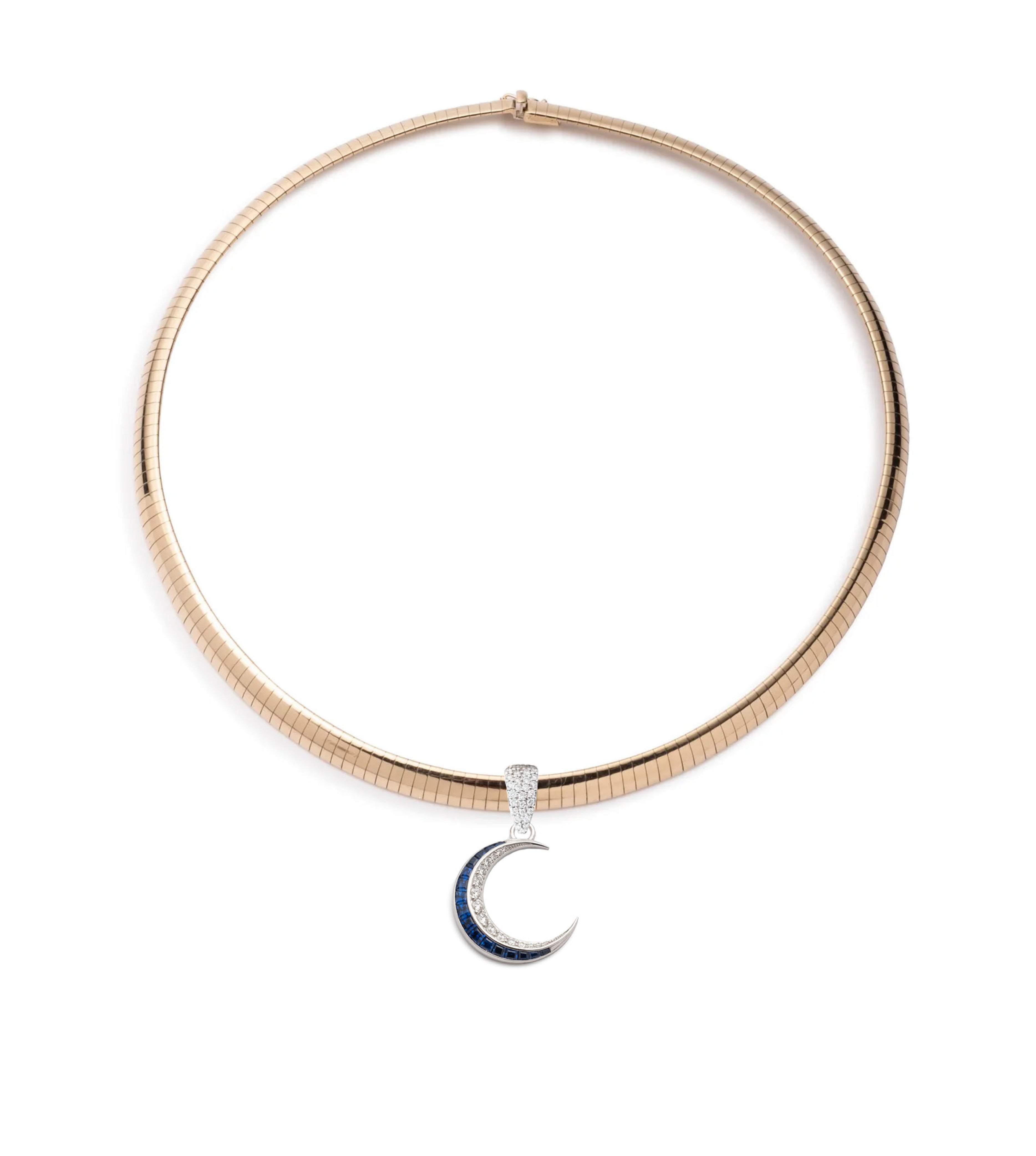 Blue Sapphire & Diamond Crescent Karma Necklace - Medium Sleek Collar for Women | Elegant Jewelry Gift for Birthday, Anniversary & Special Occasions