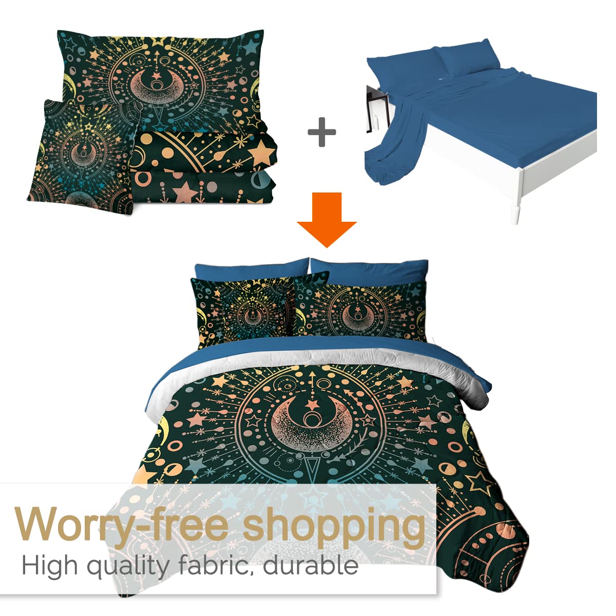 BlessLiving 8-Piece Moon Comforter Set - Teal, Yellow, Pink Star Bedding with Astrology Design, Includes 1 Comforter, 2 Pillow Shams, 1 Flat Sheet, 1 Fitted Sheet, 1 Cushion Cover - Queen Size for Cozy Bedroom Decor & Teen Girls' Room