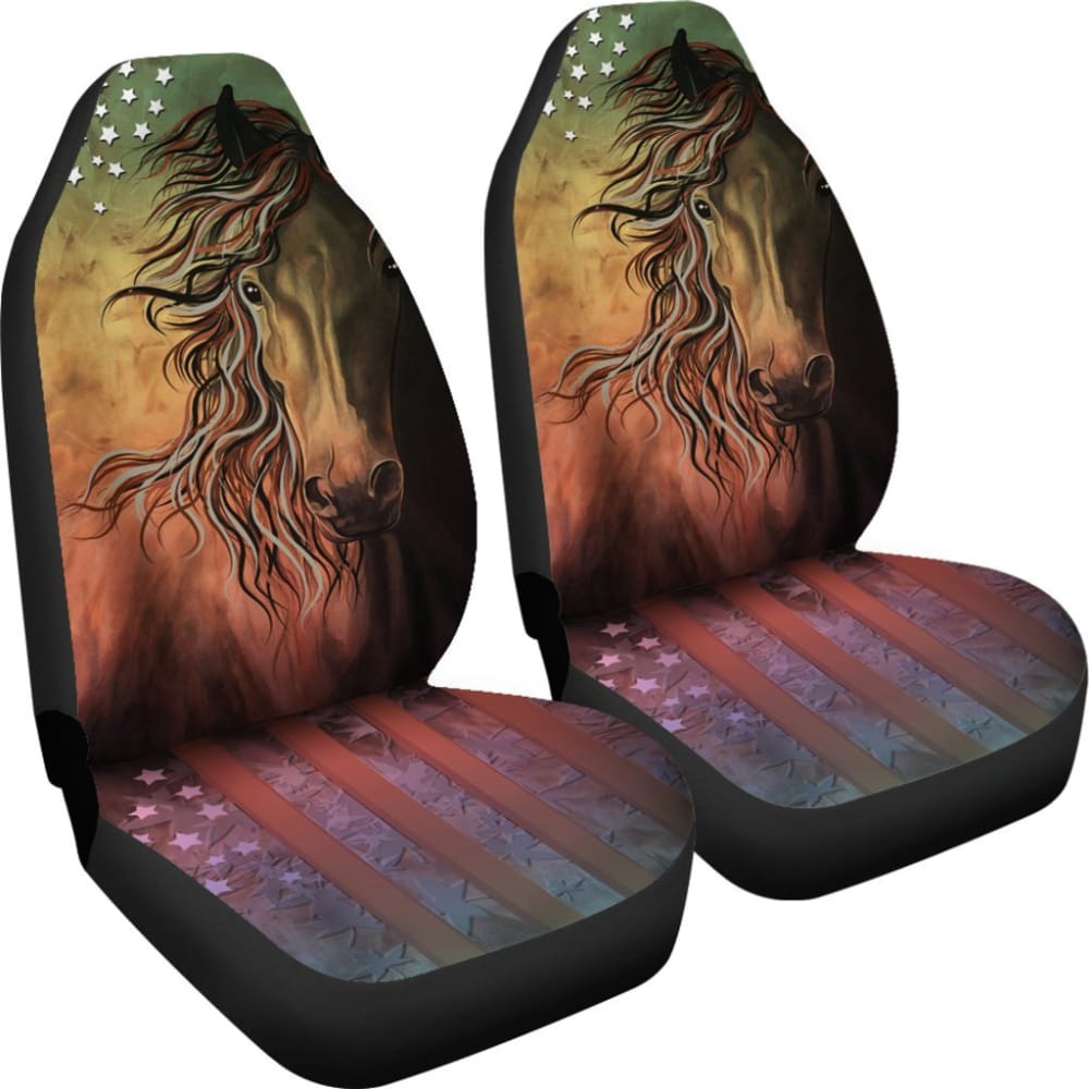 Abstract Horse USA Flag Universal Front Seat Covers - Durable Car Seat Protectors for Trucks & SUVs - Stylish Vehicle Interior Decoration for Patriotic Americans