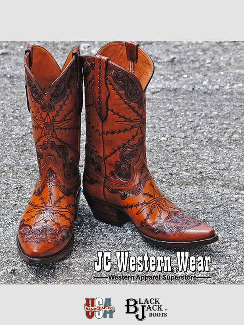 Men's Handtooled Longhorn Cowboy Boots - Black Jack HT 103 54 in Cognac Brown | Western Style Leather Boots for Rodeo, Country Dancing & Casual Wear
