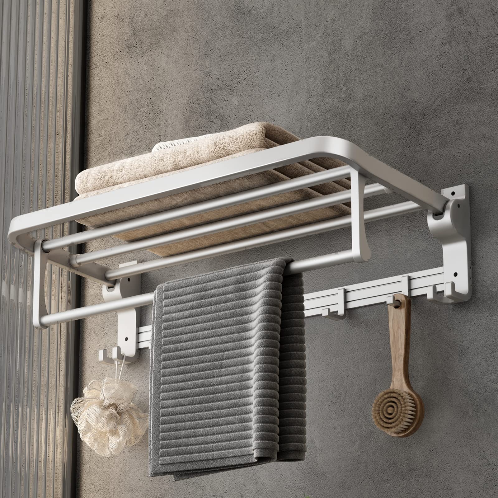 VOLPONE 24 Inch Foldable Towel Rack with Adjustable Hooks - Rustproof Wall Mounted Bathroom Towel Holder & Shelf - Perfect for Bathroom, Lavatory, and Spa Organization (Silver)
