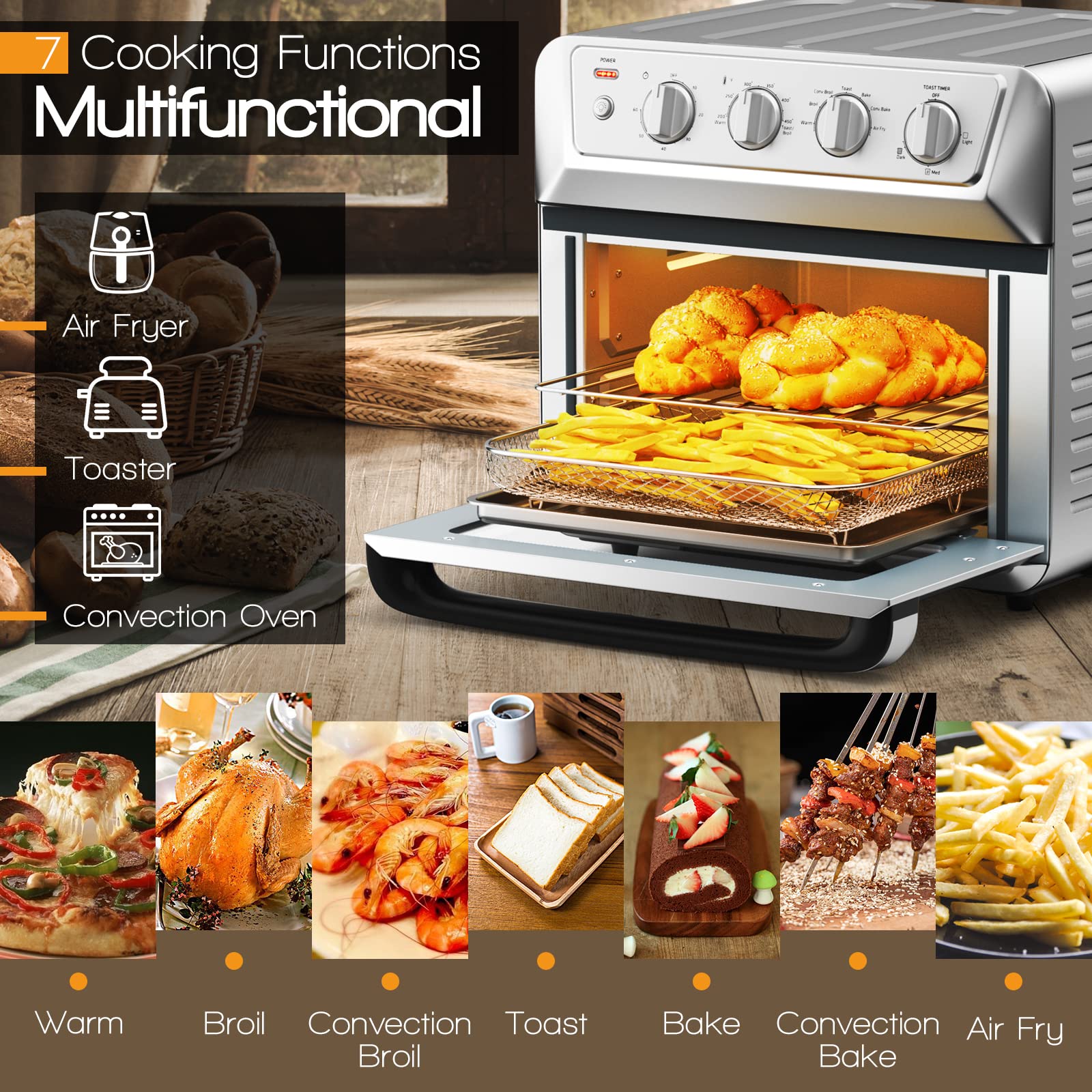 PETSITE 21.5 Quart XL Large Air Fryer Toaster Oven Combo - 1800W Stainless Steel Countertop Convection Oven with 4 Accessories & Recipe Book - Perfect for Baking, Roasting, and Air Frying - Ideal for Small Kitchens, Dorms, and RV Cooking