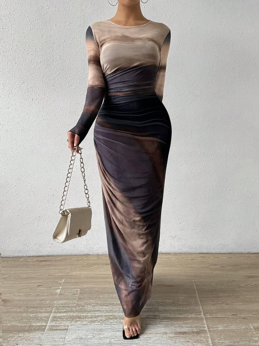 Women's Printed Bodycon Dress Long Sleeve Tie Dye Sexy Maxi Dress with Mesh Layering - Perfect for Parties, Date Nights & Club Wear