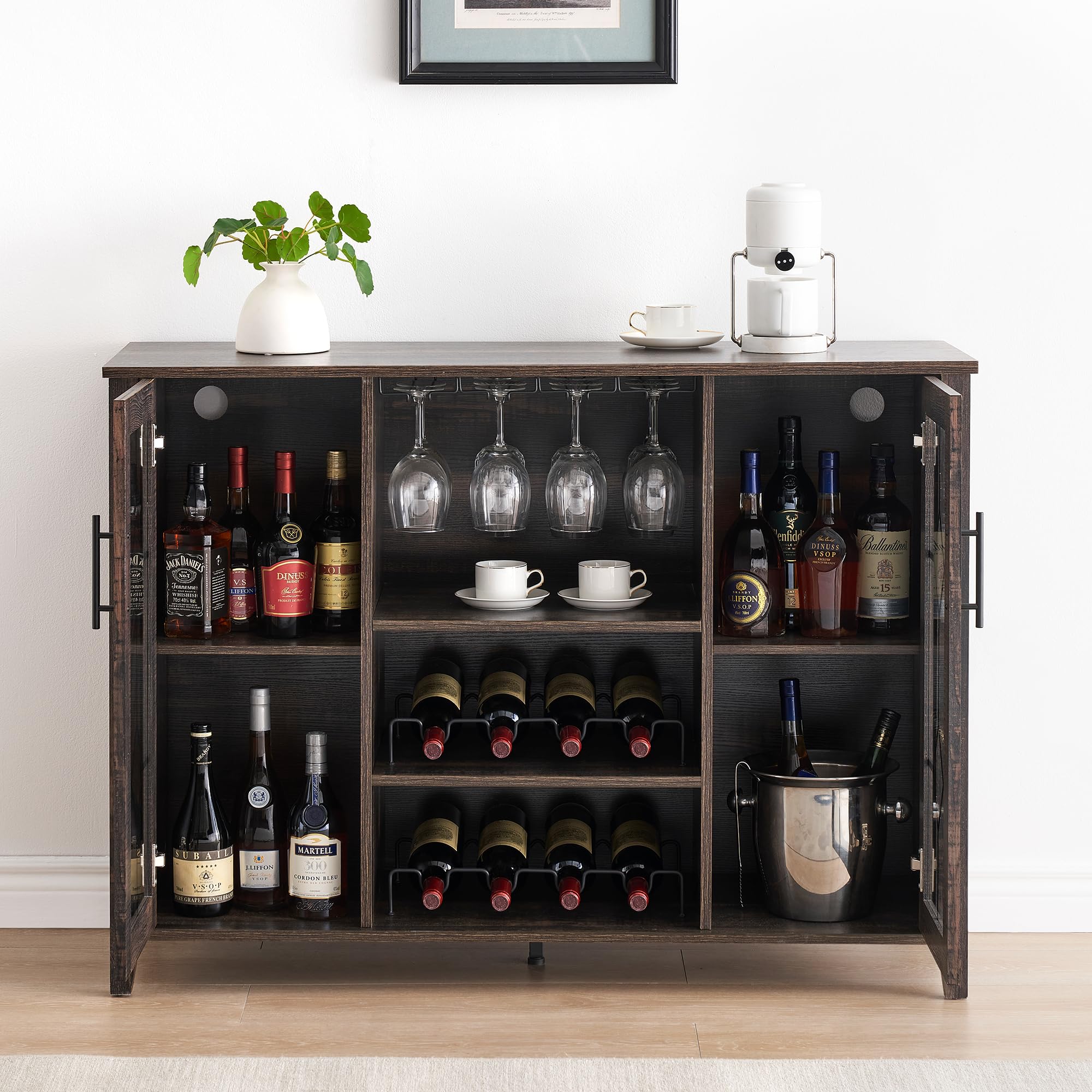 **IDEALHOUSE Wine Bar Cabinet with LED Light - Rustic Oak Kitchen Buffet Sideboard with Wine & Glass Rack, Storage Cabinet for Bar, Dining Room & Home Decor - Perfect for Entertaining & Displaying Liquor Collection**
