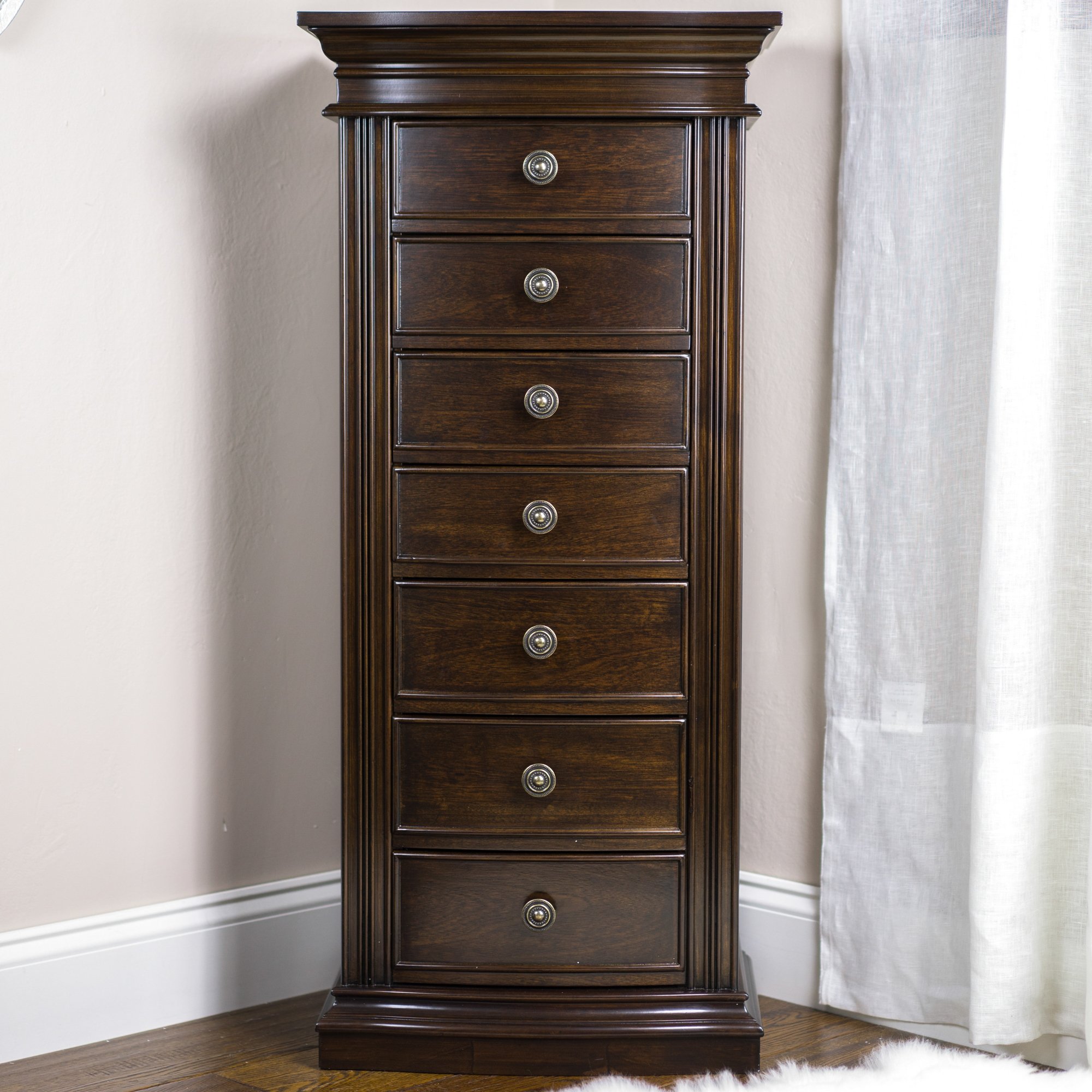 Lawson Standing Jewelry Armoire Cabinet - Walnut Wood Jewelry Storage Organizer with Flip Top Mirror, 2 Side Doors & 7 Drawers - Perfect for Necklaces, Earrings & Bracelets - Ideal for Bedroom, Dressing Room & Closet Organization