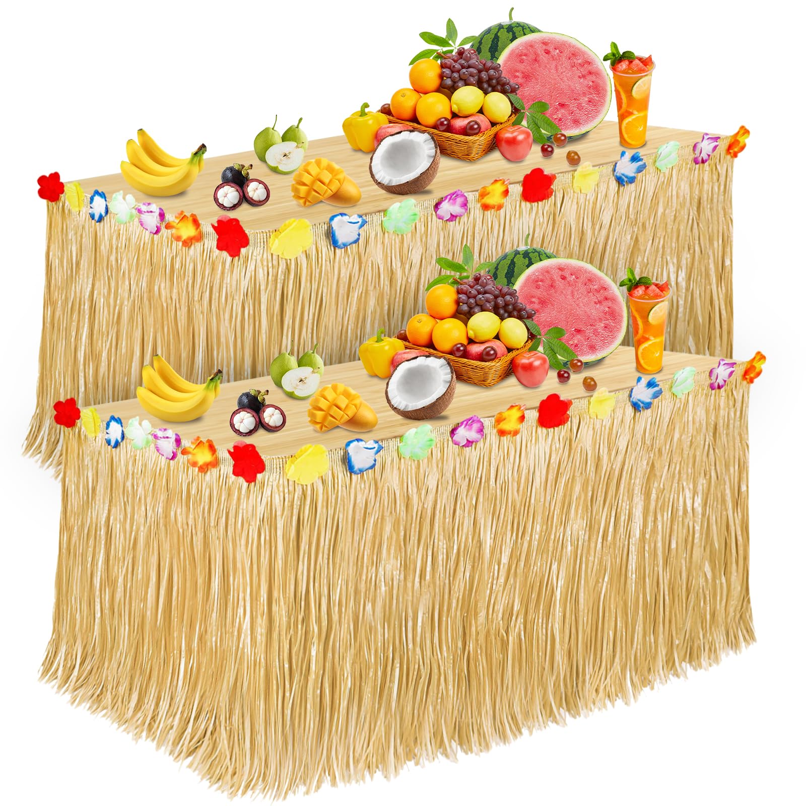 Luau Party Decorations - 2PCS Tropical Hawaiian Grass Table Skirts for Summer Beach Themed Parties, Aloha Luau Favors & Hawaiian Flower Decor | Perfect for Backyard Luaus, Tiki Parties & Tropical Celebrations (Straw Yellow)