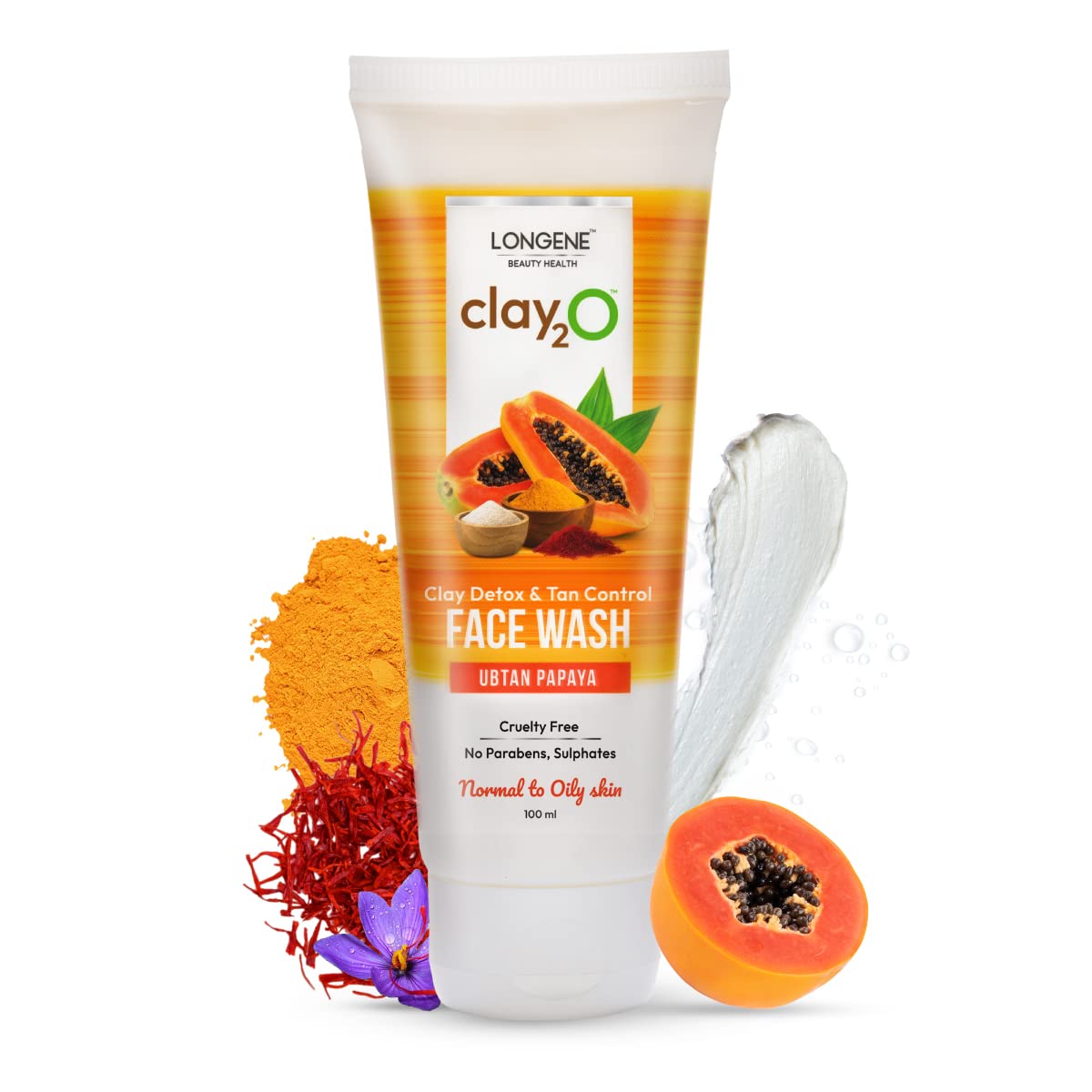 LONGENE Ubtan Face Wash with Papaya & Turmeric for Clear Glowing Skin | Anti-Tan Formula with Saffron & 6 Natural Actives | Vegan, Cruelty-Free for All Skin Types | 100mL | Perfect for Daily Skincare Routine & Brightening Dull Skin